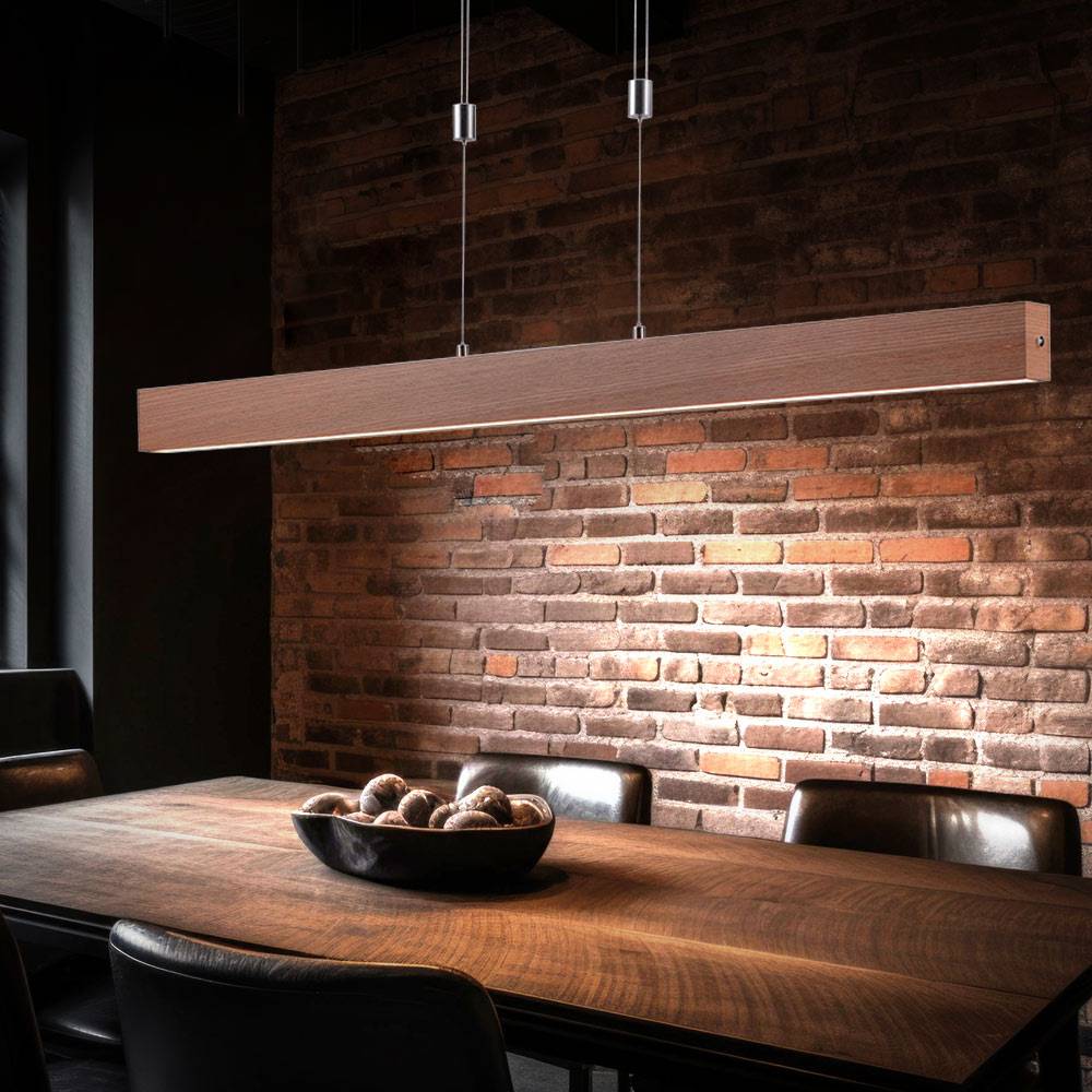 LED Pendelleuchte Holzdekor Hängelampe Esstisch Touchdimmer, Holzoptik Memory CCT, braun Stahl silber, 1x LED 30W 1600Lm 2700-5000K, HxLxB