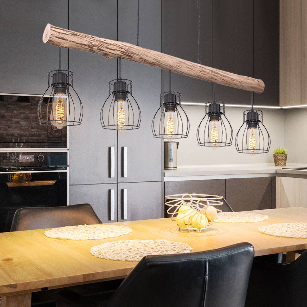 Holz Design Hängeleuchte mit Gitter Lampenschirmen Pendelleuchte mit Holzbalken 5 flammig, Metall schwarz Holz natur, 5x E27 max 40 Watt, LxBxH 100x