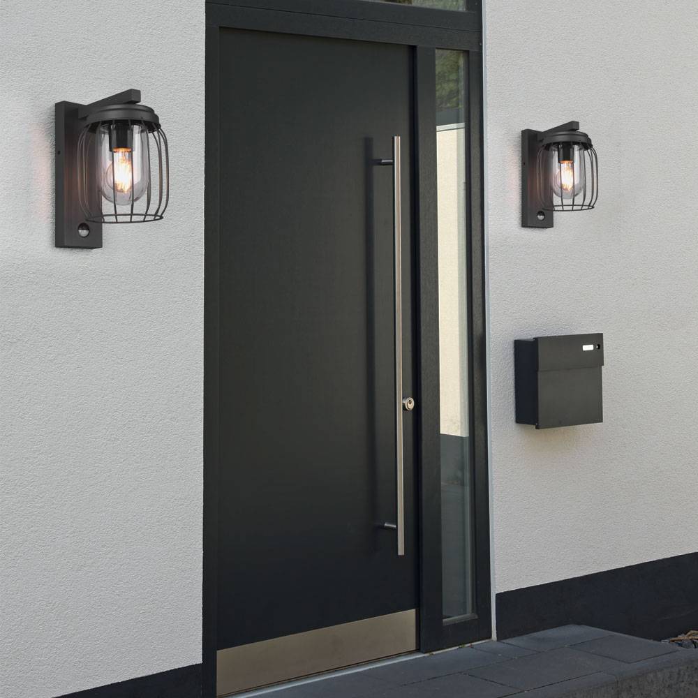 Wandleuchte Außen mit Bewegungsmelder anthrazit Außenlampe rustikal Laterne Bewegungsmelder Außen, Alu Glas klar, Käfig Design, 1x E27, BxH 16x28