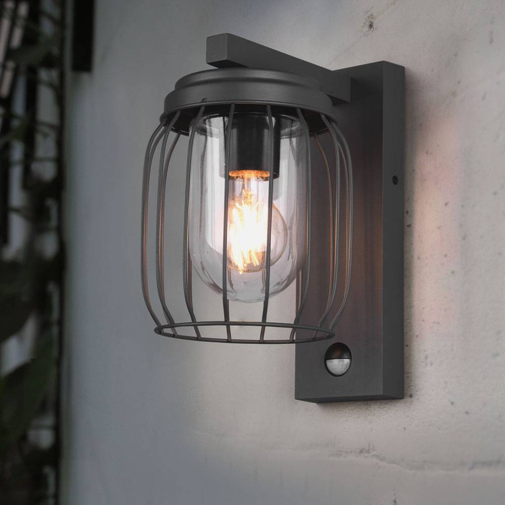 Wandleuchte Außen mit Bewegungsmelder anthrazit Außenlampe rustikal Laterne Bewegungsmelder Außen, Alu Glas klar, Käfig Design, 1x E27, BxH 16x28