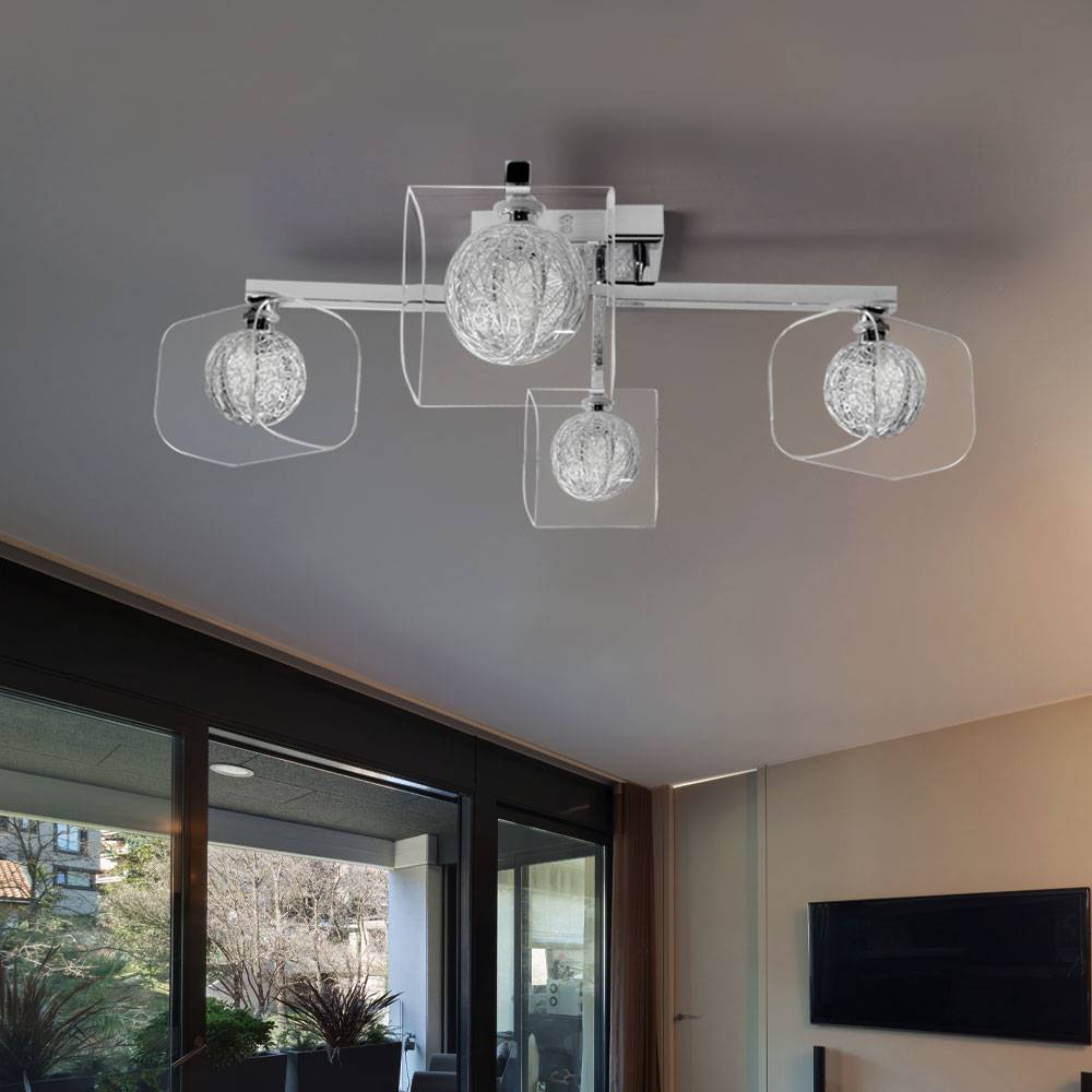 Deckenleuchte Wohnzimmerlampe 4 flammig Deckenlampe Schlafzimmerleuchte, Aluminium Metall Kugeln Glas weiß Chrom, 42W 630Lm 2800K warmweiß, LxBxH 58