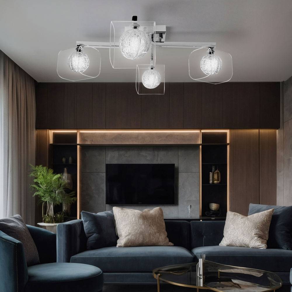 Deckenleuchte Wohnzimmerlampe 4 flammig Deckenlampe Schlafzimmerleuchte, Aluminium Metall Kugeln Glas weiß Chrom, 42W 630Lm 2800K warmweiß, LxBxH 58