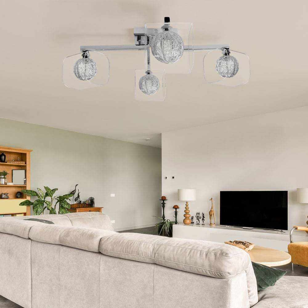 Deckenleuchte Wohnzimmerlampe 4 flammig Deckenlampe Schlafzimmerleuchte, Aluminium Metall Kugeln Glas weiß Chrom, 42W 630Lm 2800K warmweiß, LxBxH 58