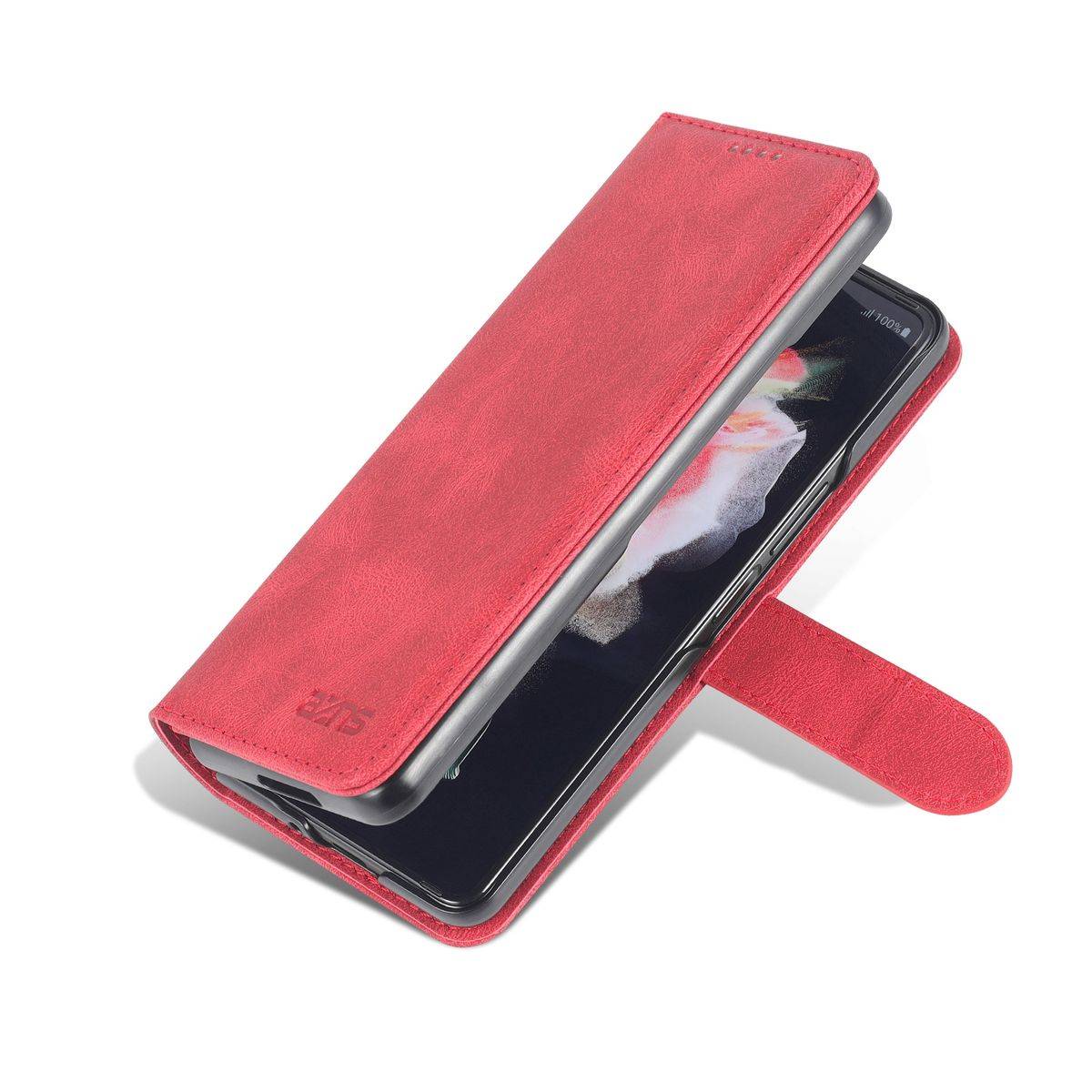 Für Samsung Galaxy Z Fold4 5G Design Kunst Leder Handy Tasche Hülle Etuis Rot