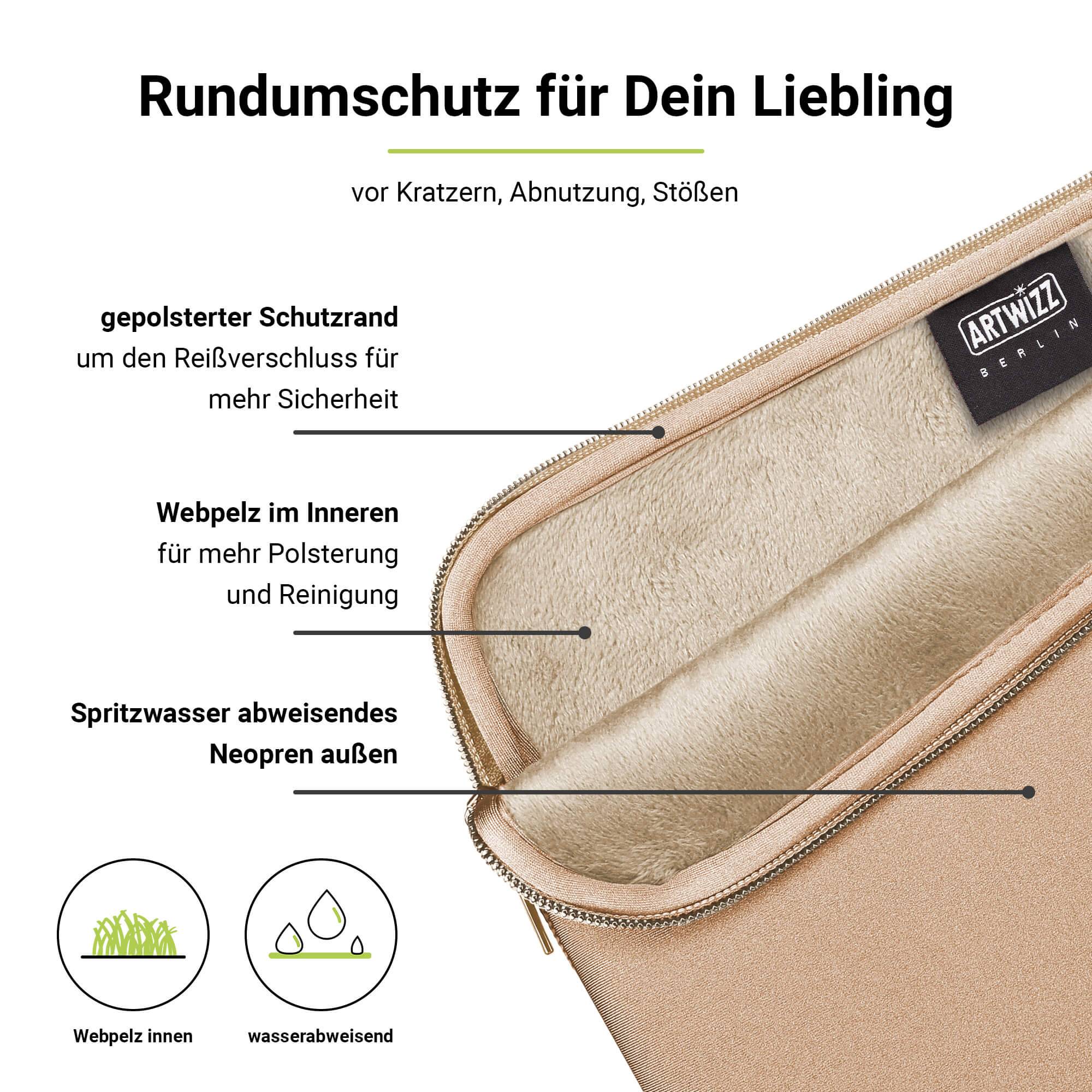 Neoprene Sleeve, Tasche mit Reißverschluss, Webpelz, extra Schutzrand