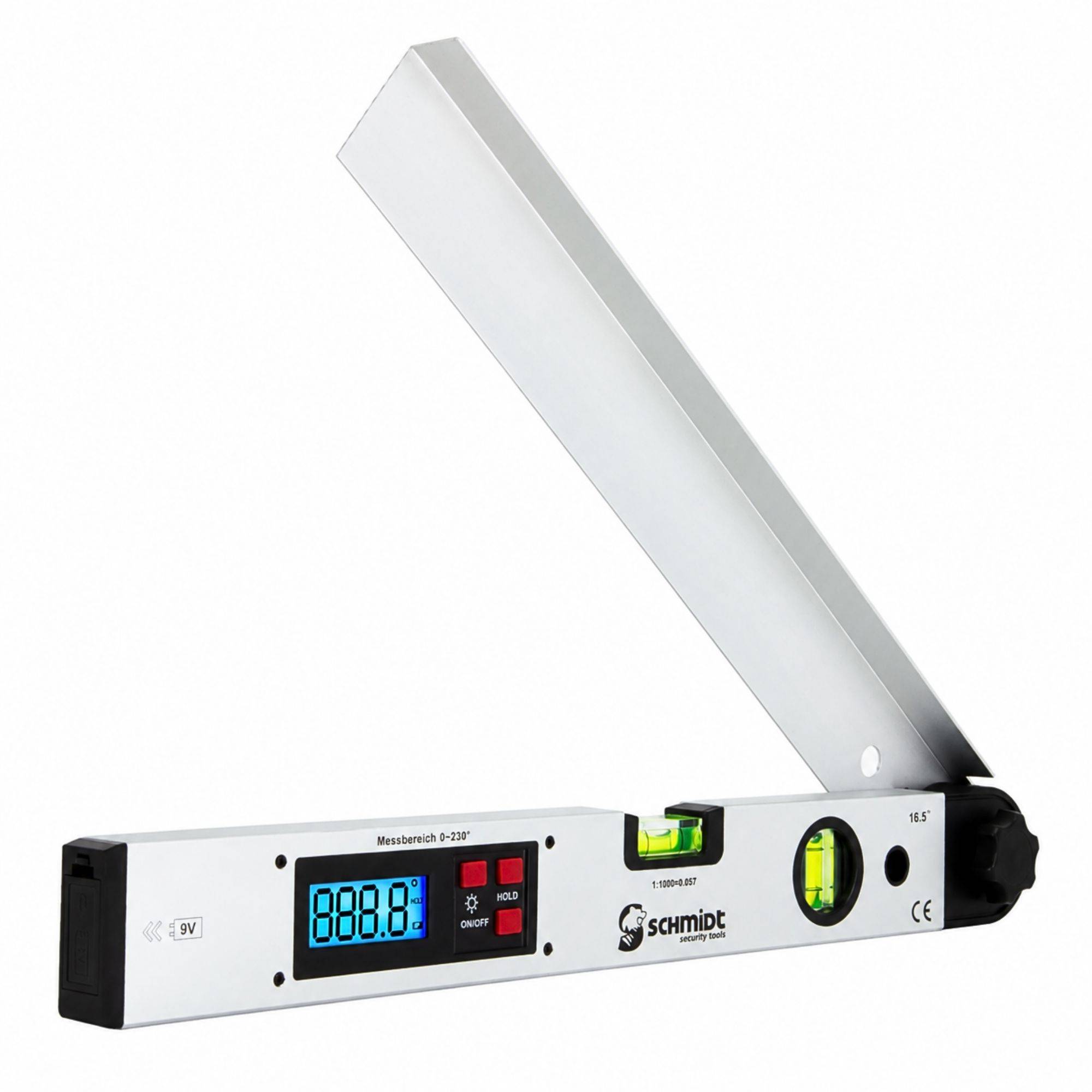 Digitales Winkelmessgerät mit klappbarem Metallarm, LCD-Display und Wasserwaage, wird zum genauen Messen und Einstellen von Winkeln verwendet.