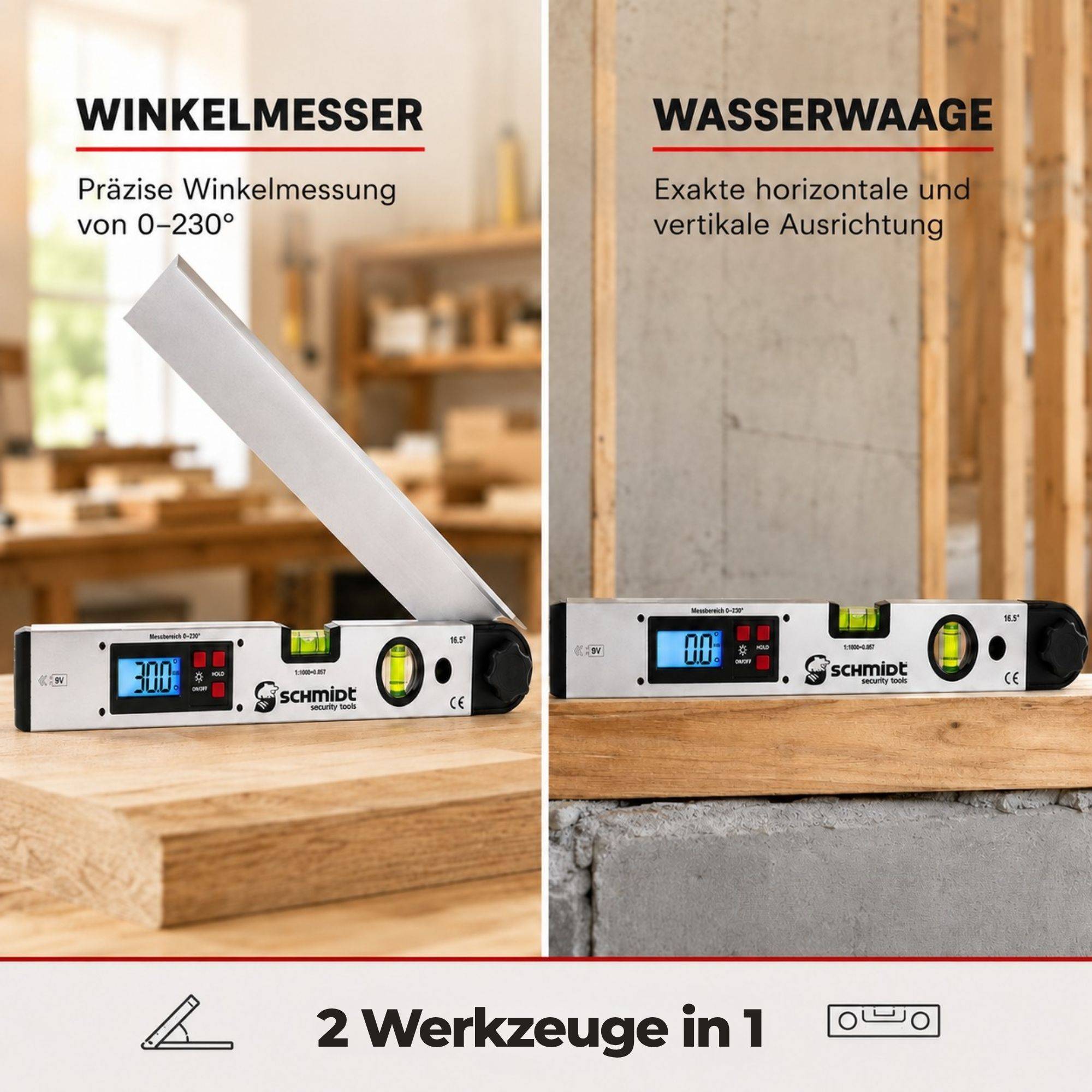 Geteilte Anzeige mit einem 2-in-1-Schmidt-Werkzeug: Winkelmesser für präzise 0-230°-Winkel und Wasserwaage für horizontale und vertikale Ausrichtung.