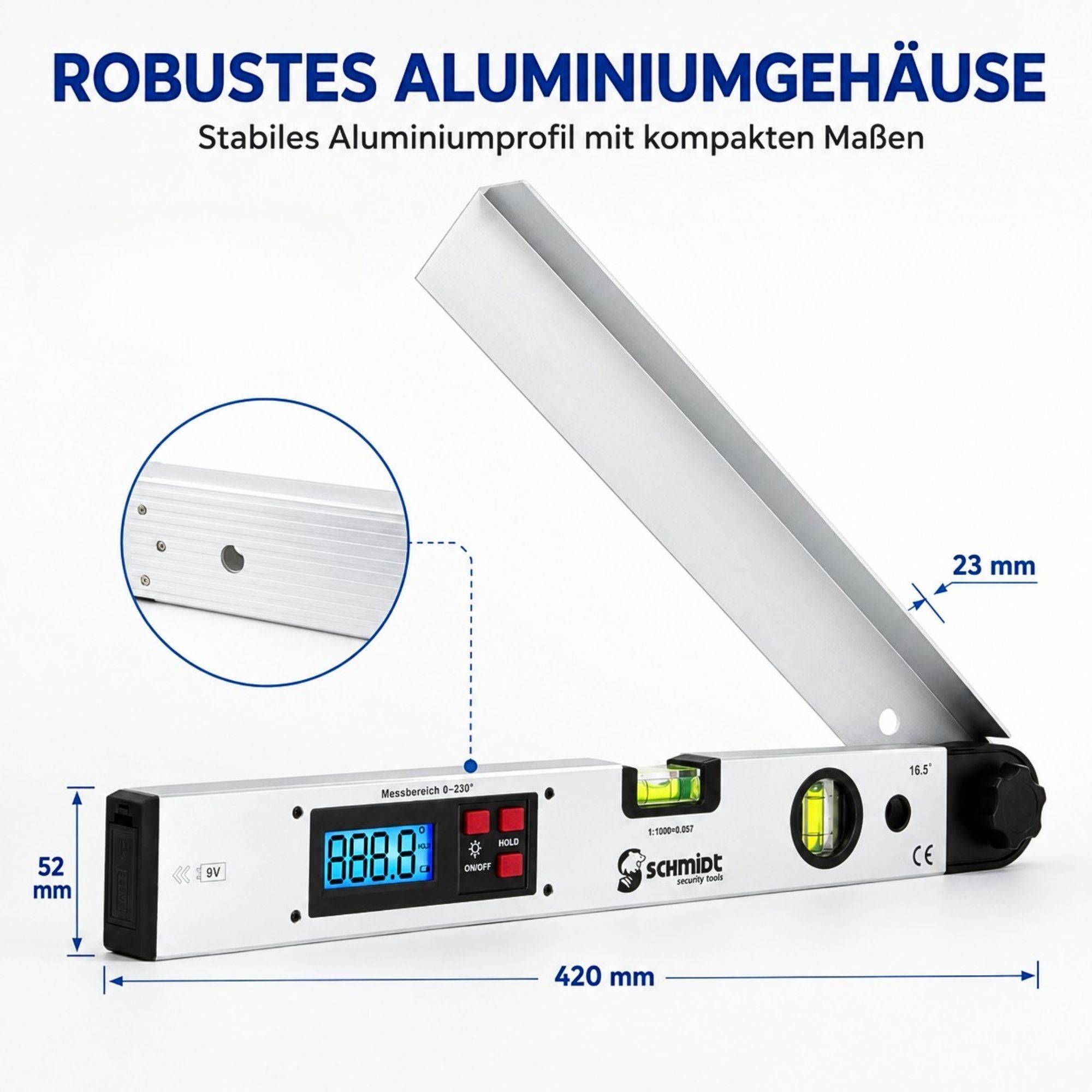 Werbegrafik einer Schmidt-Digitallibelle in robustem Aluminium-Gehäuse, die die kompakte Größe und Abmessungen von 420 mm Länge, 52 mm Höhe und 23 mm Dicke zeigt.