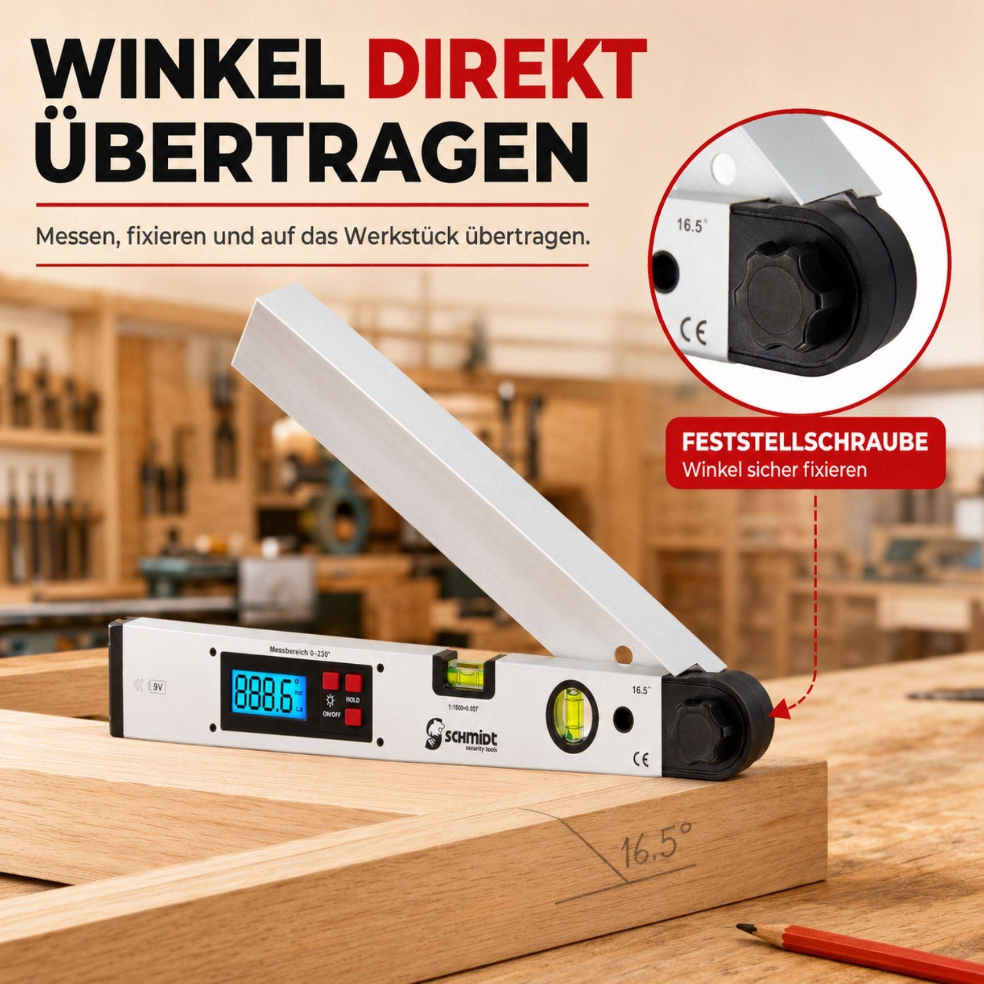 Digitales Winkelmessgerät überträgt und fixiert einen Winkel von 16,5° auf ein Holzbrett in einer Werkstatt.