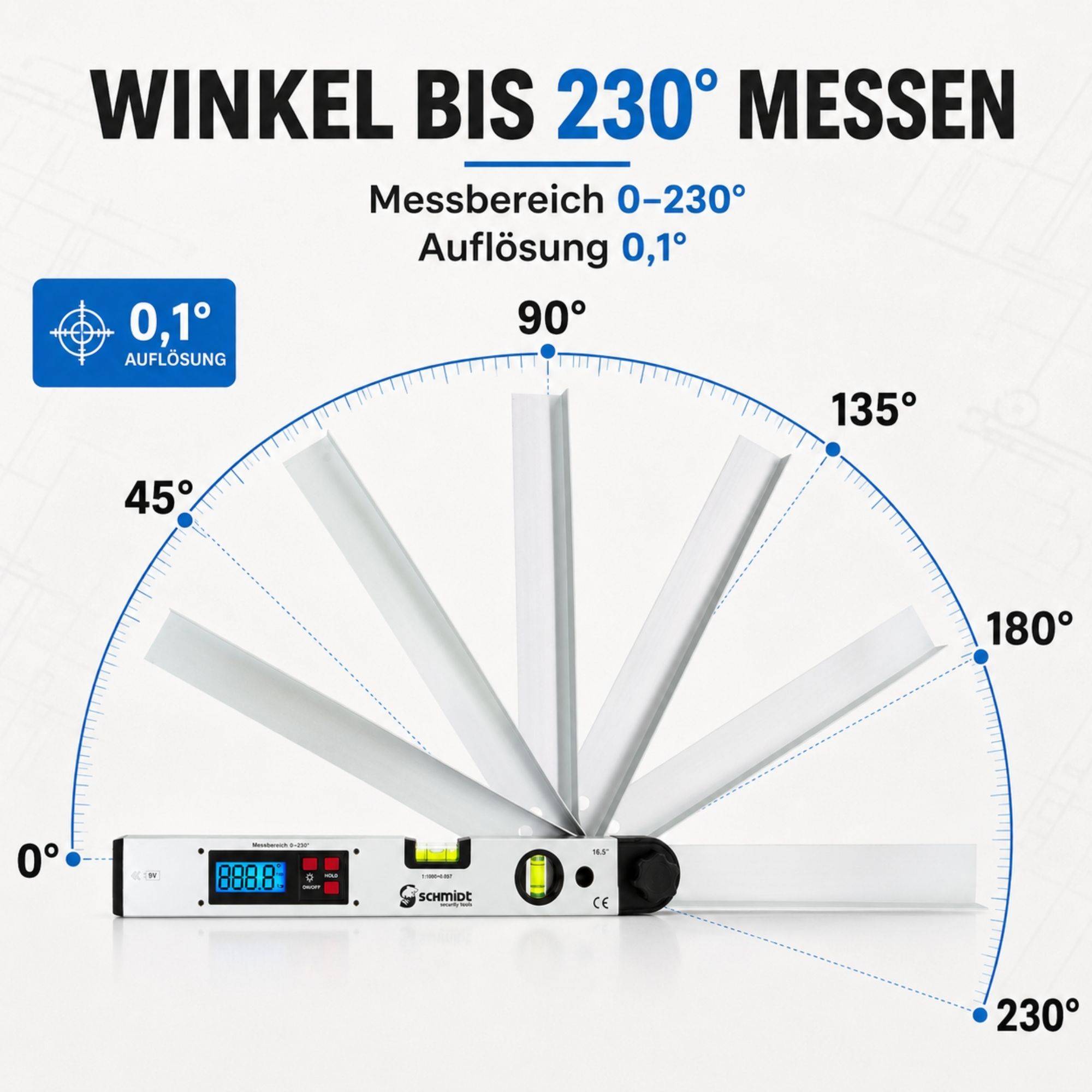 Digitales Winkelmessgerät misst 0–230° mit 0,1° Auflösung; Fächerdiagramm zeigt Blatt­positionen bei 0°, 45°, 90°, 135°, 180° und 230°.