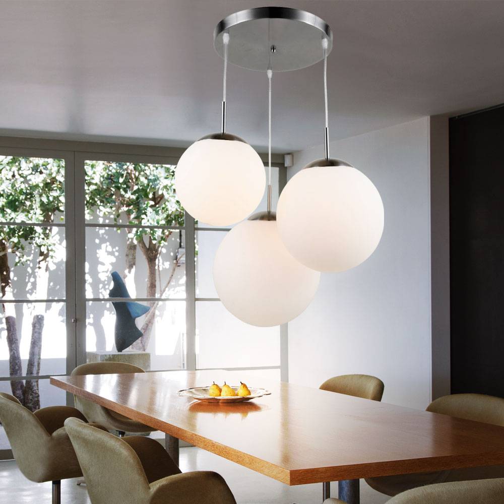 Hängeleuchte Kugeln 3 Flammig Kugelleuchte hängend Glas weiß Pendelleuchte Esstischleuchte, Nickel-matt, 3x E27, DxH 51,5x80 cm