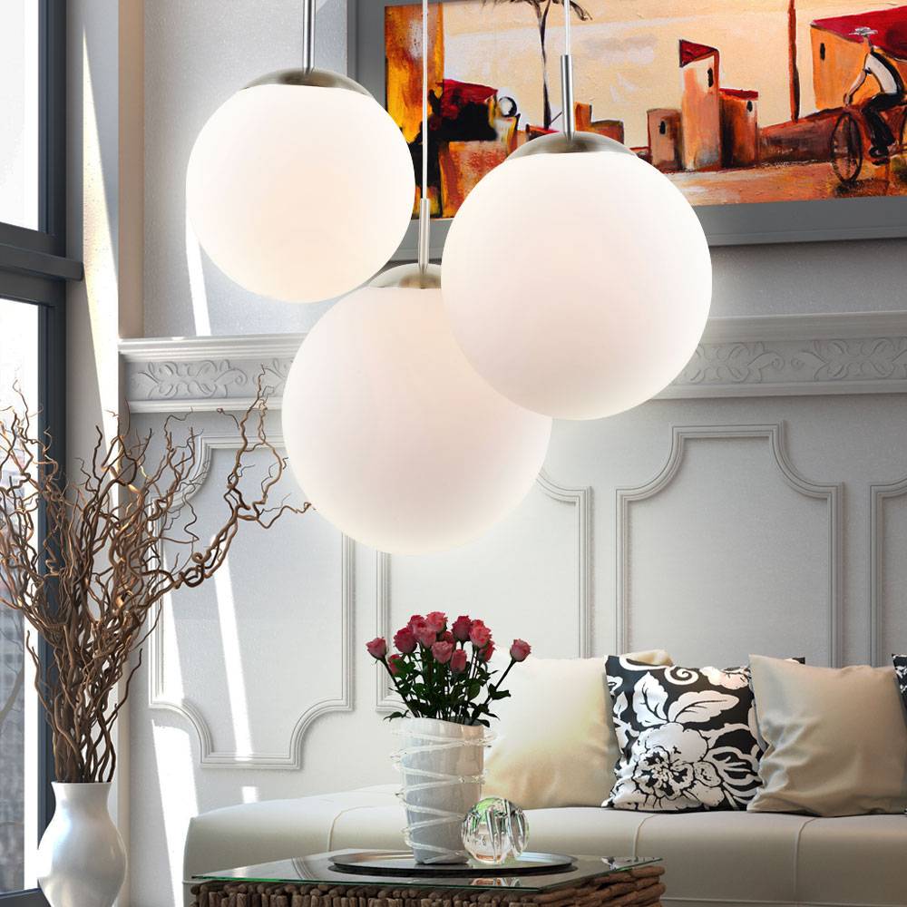 Hängeleuchte Kugeln 3 Flammig Kugelleuchte hängend Glas weiß Pendelleuchte Esstischleuchte, Nickel-matt, 3x E27, DxH 51,5x80 cm