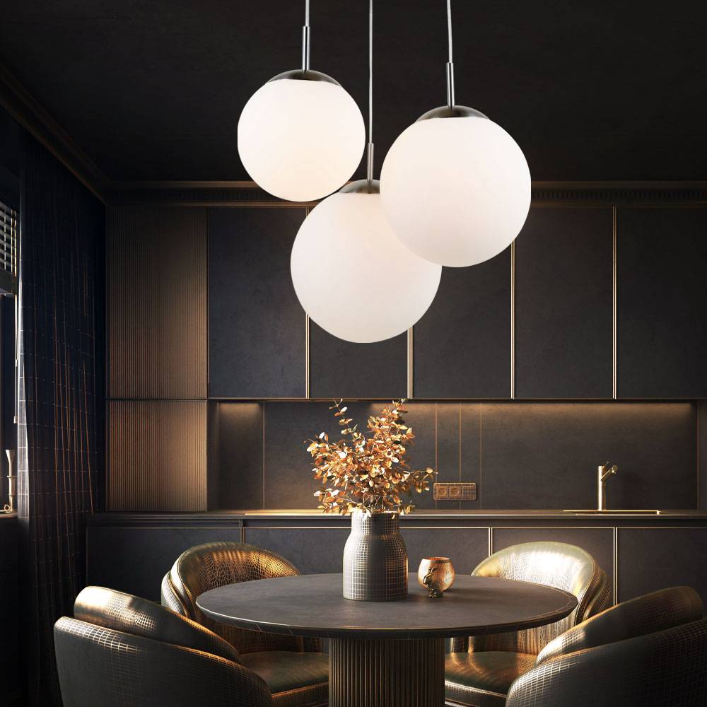 Hängeleuchte Kugeln 3 Flammig Kugelleuchte hängend Glas weiß Pendelleuchte Esstischleuchte, Nickel-matt, 3x E27, DxH 51,5x80 cm