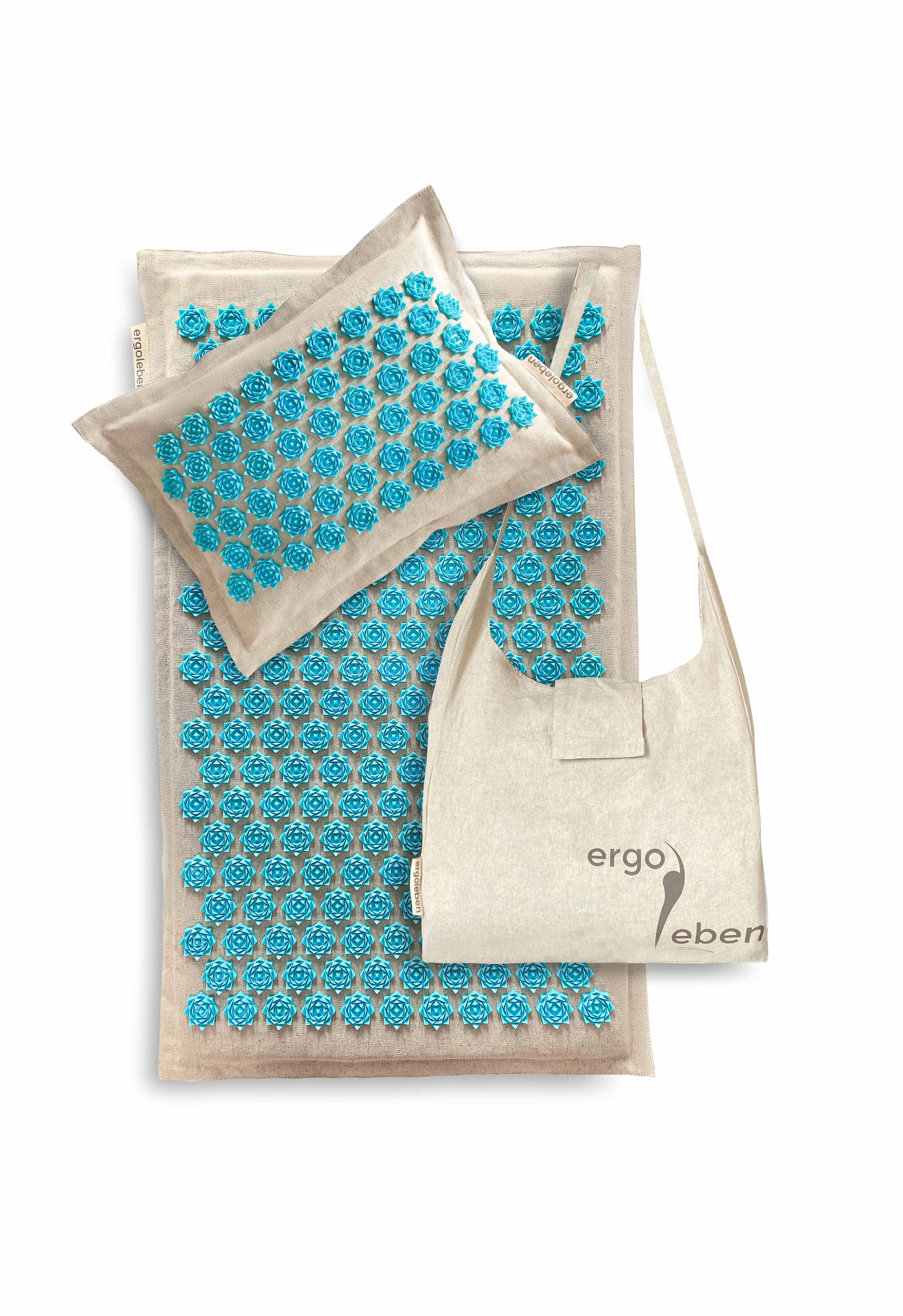 ERGOLEBEN Akupressur Matte und Kissen Premium Set |ökologische Materialen Kokosnussfaser Buchweizenschalen Leinen | Gegen Rückenschmerzen | Entspann