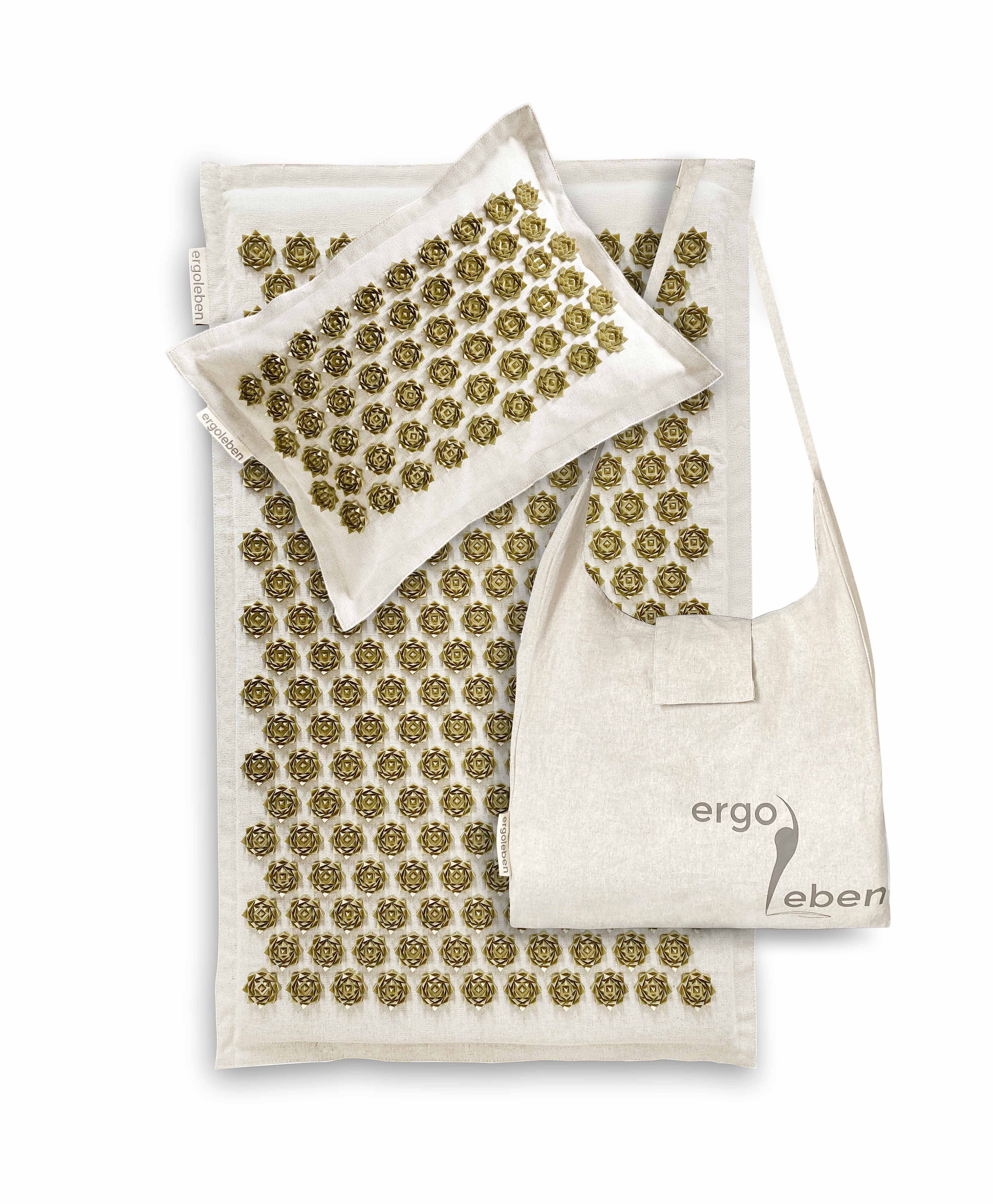 ERGOLEBEN Akupressur Matte und Kissen Premium Set |ökologische Materialen Kokosnussfaser Buchweizenschalen Leinen | Gegen Rückenschmerzen | Entspann