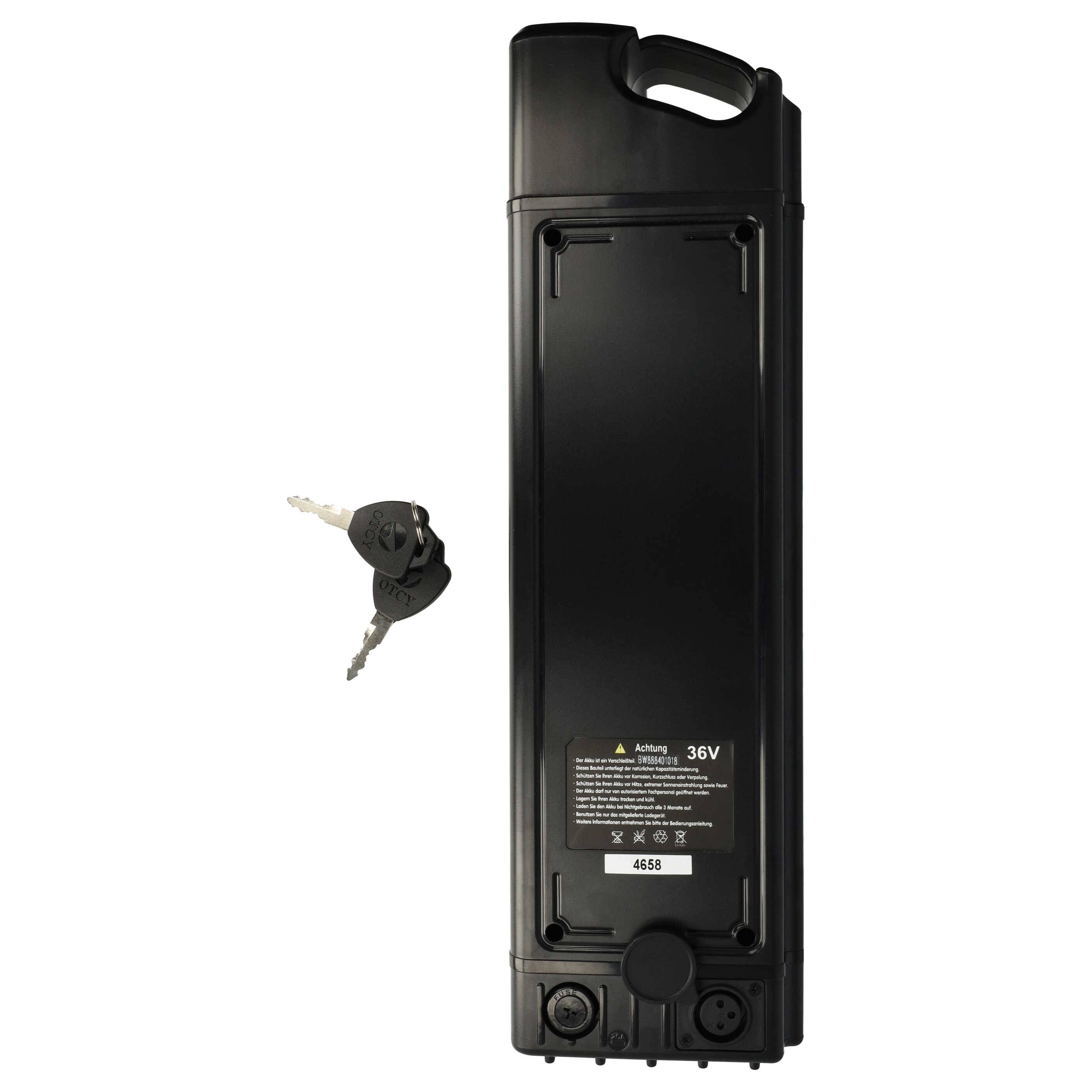 Elektrofahrrad-Batteriepack, 36V, schwarz, zeigt Etikett mit Spezifikationen und Barcode; enthält zwei Schlüssel an der Seite.