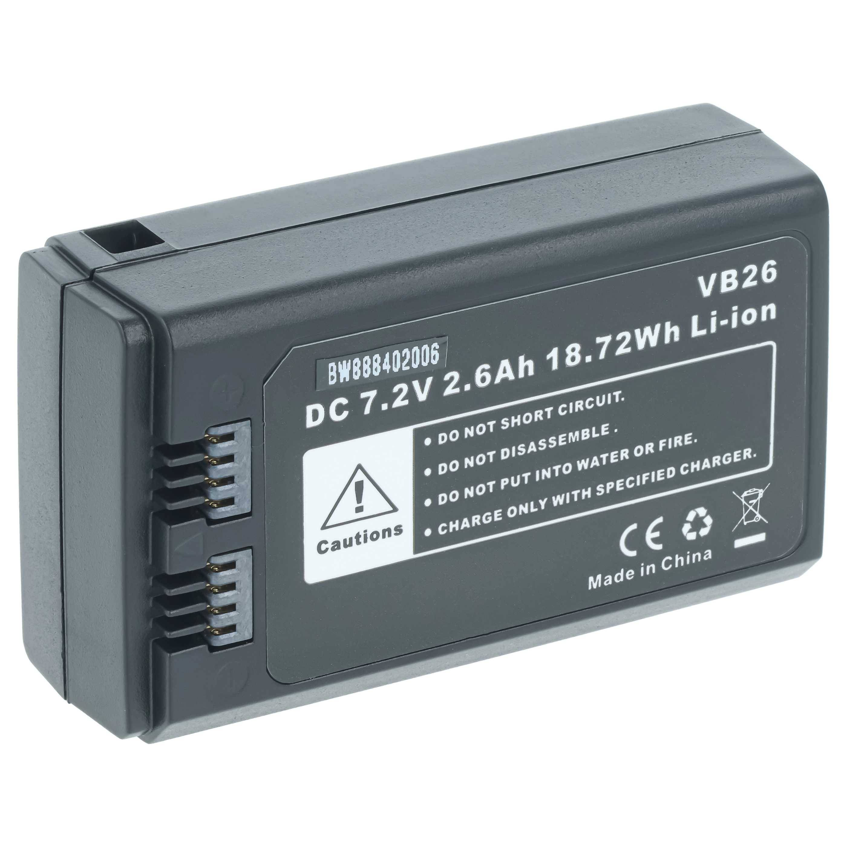 Eine schwarze VB26 7,2V 2,6Ah Li-Ionen-Kamerabatterie mit Warnschild und Metallkontakten an der Seite.
