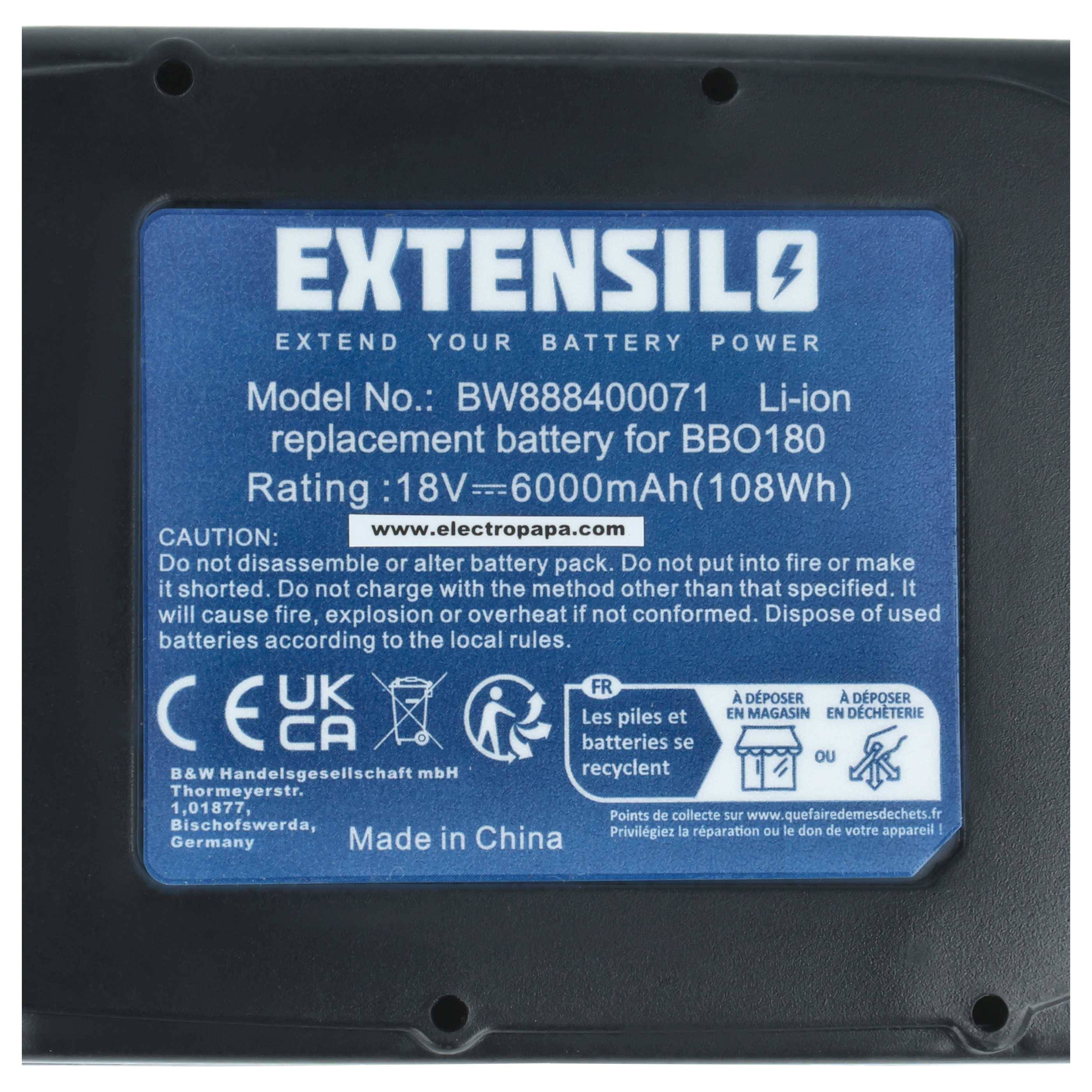 EXTENSILO Akku kompatibel mit Makita DCL281FZ, DCL182, DCL181, DCL182ZB, DCL181FZ, DCL281, DCJ200ZXL Werkzeug (6000 mAh, Li-Ion, 18 V)