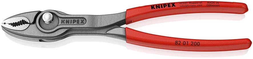 Nahaufnahme einer KNIPEX-Rohrzange mit roten Griffen, in Profilansicht auf weißem Hintergrund dargestellt.