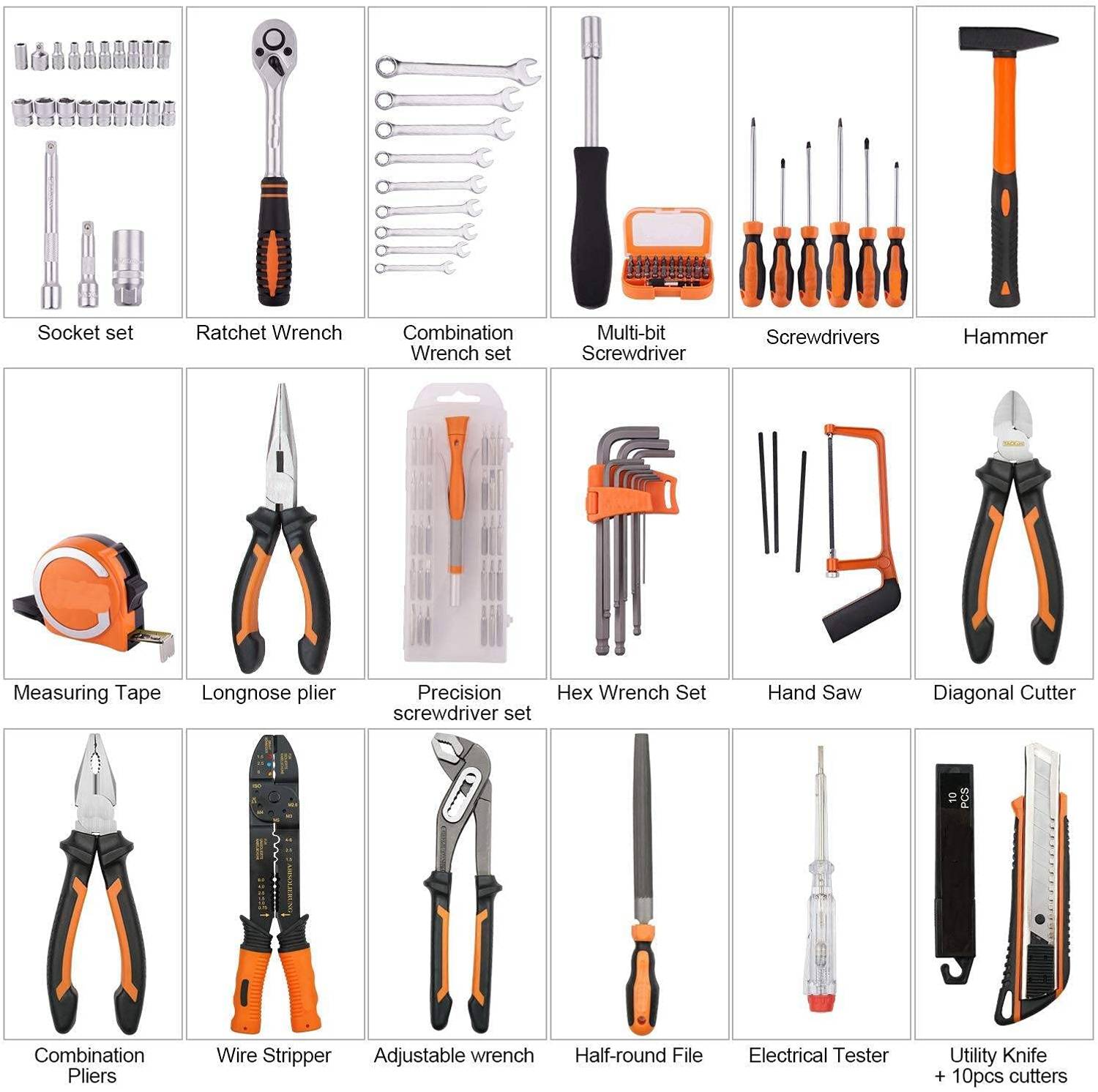 TACKLIFE HHK4B, Multifunktionaler 56-teilig Haushalts-Werkzeugkoffer für den Heimgebrauch, perfekt für alle Heimwerkerarbeiten mit Hammer, Messer,