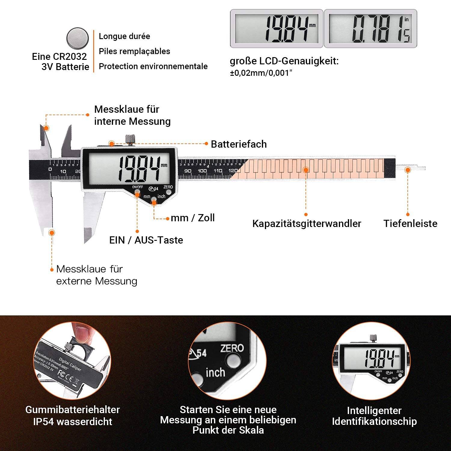 TACKLIFE DC04, Messschieber Digital Schieblehre, 150mm / 6 Zoll mit Zoll/Millimeter, IP54 Wasserdicht Hochpräzise Schieblehre aus Edelstahl(0,01 mm)
