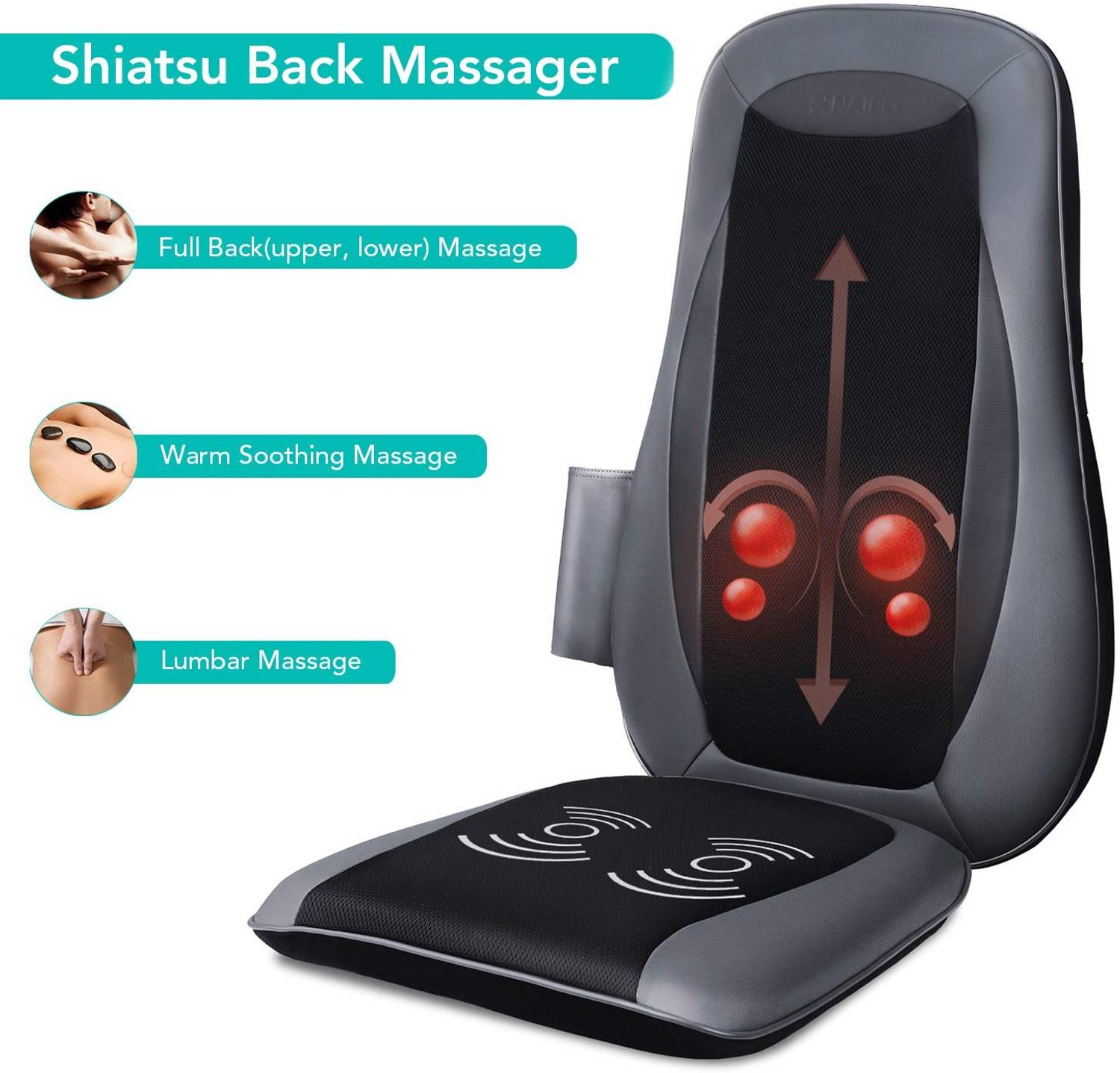 NAIPO Rücken Massagegerät Massagesitzauflagen mit Shiatsu Wärme Tiefenmassage Rollmassage Vibration für oberen unteren komplett Rücken MGBK-2606H