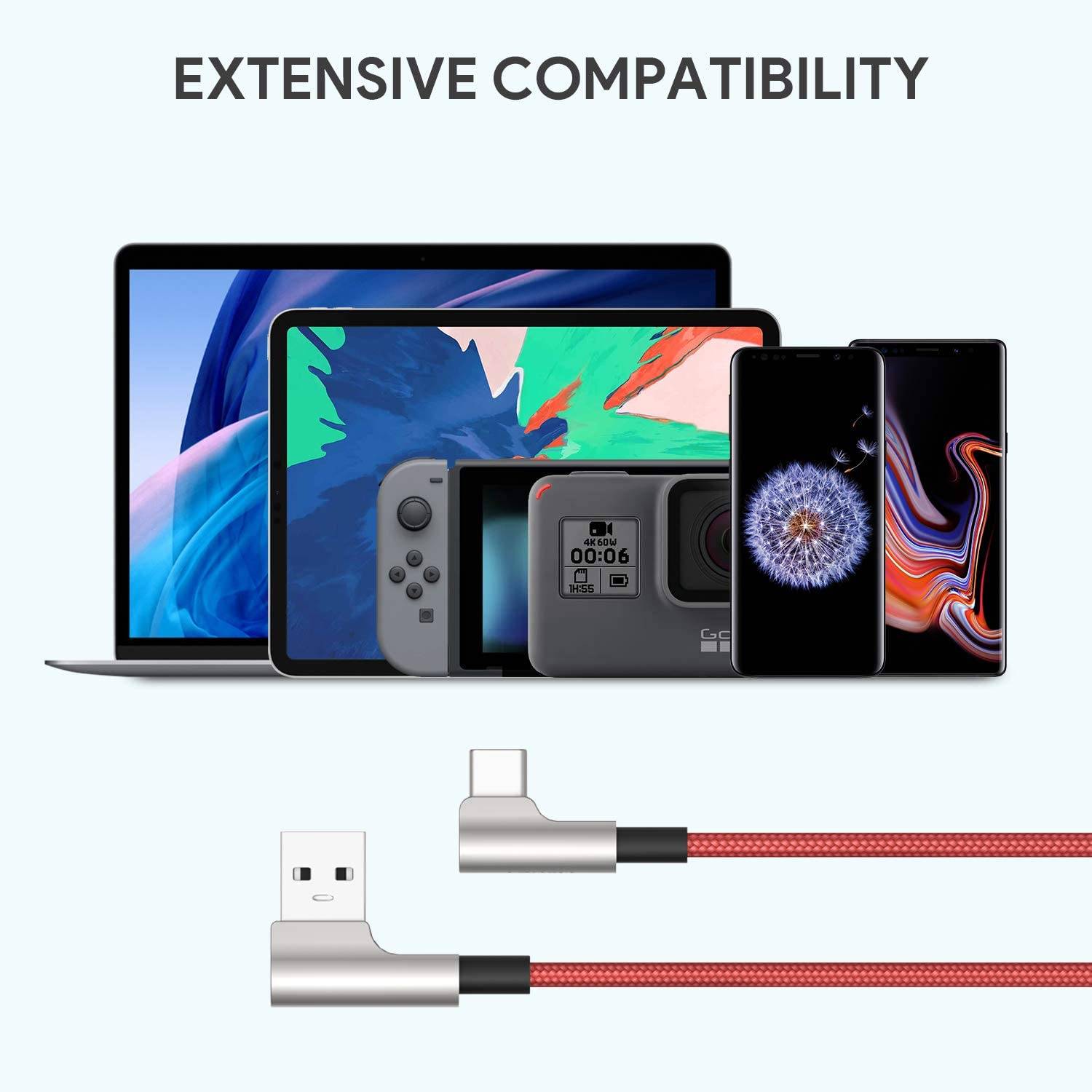 AUKEY CB-CMD32 Rechtwinkliges USB C Kabel AUKEY [ 2-Pack, je 1 M ] Ideal für Spiele 90 Grad USB C zu A Schnellladekabel