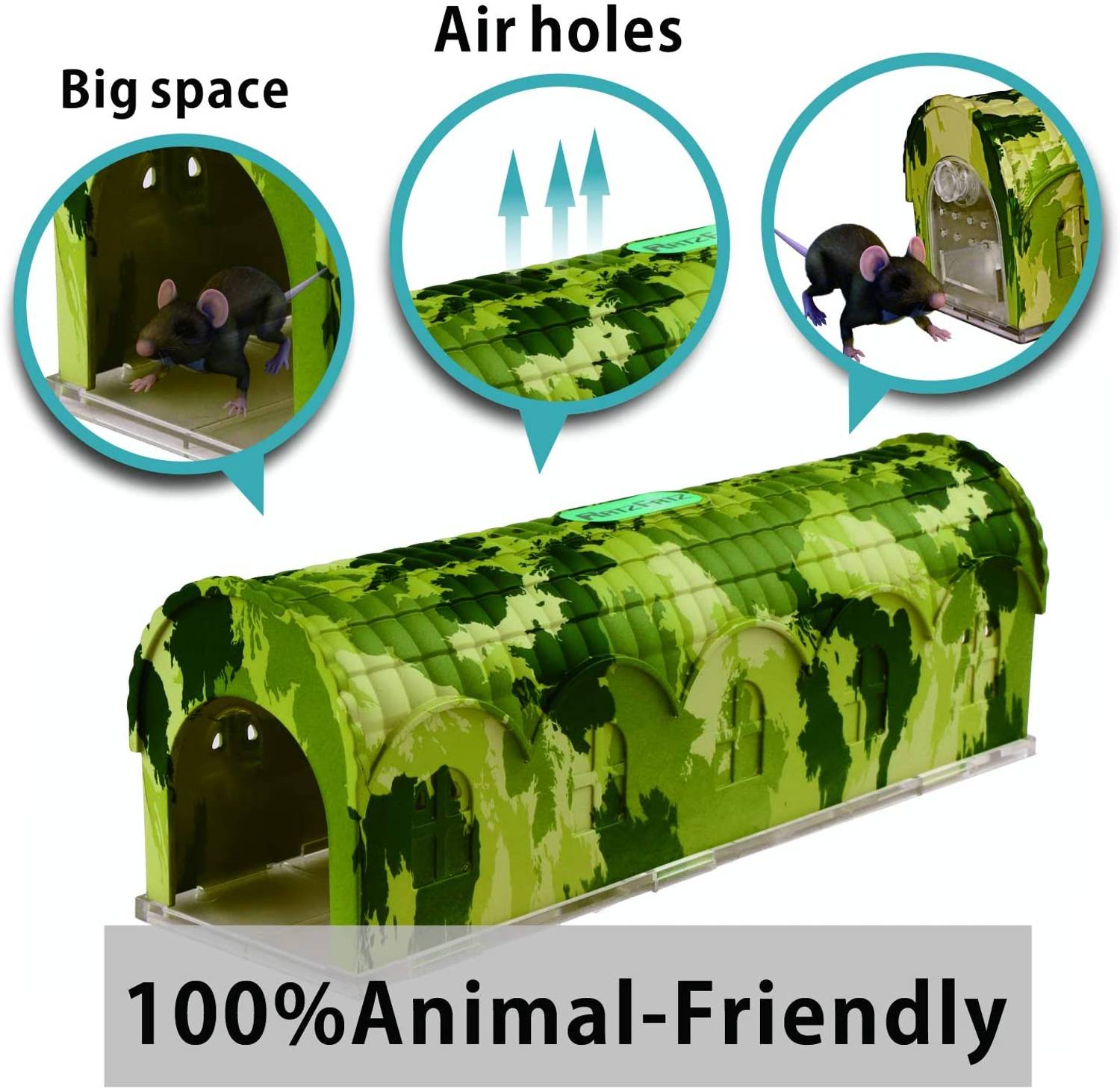 RatzFatz® Premium Mausefalle Lebend Lebendfalle Wiederverwendbar. Camouflage, Außen und Innen, Innovativer Mechanismus, Modell Rambo MBC-01