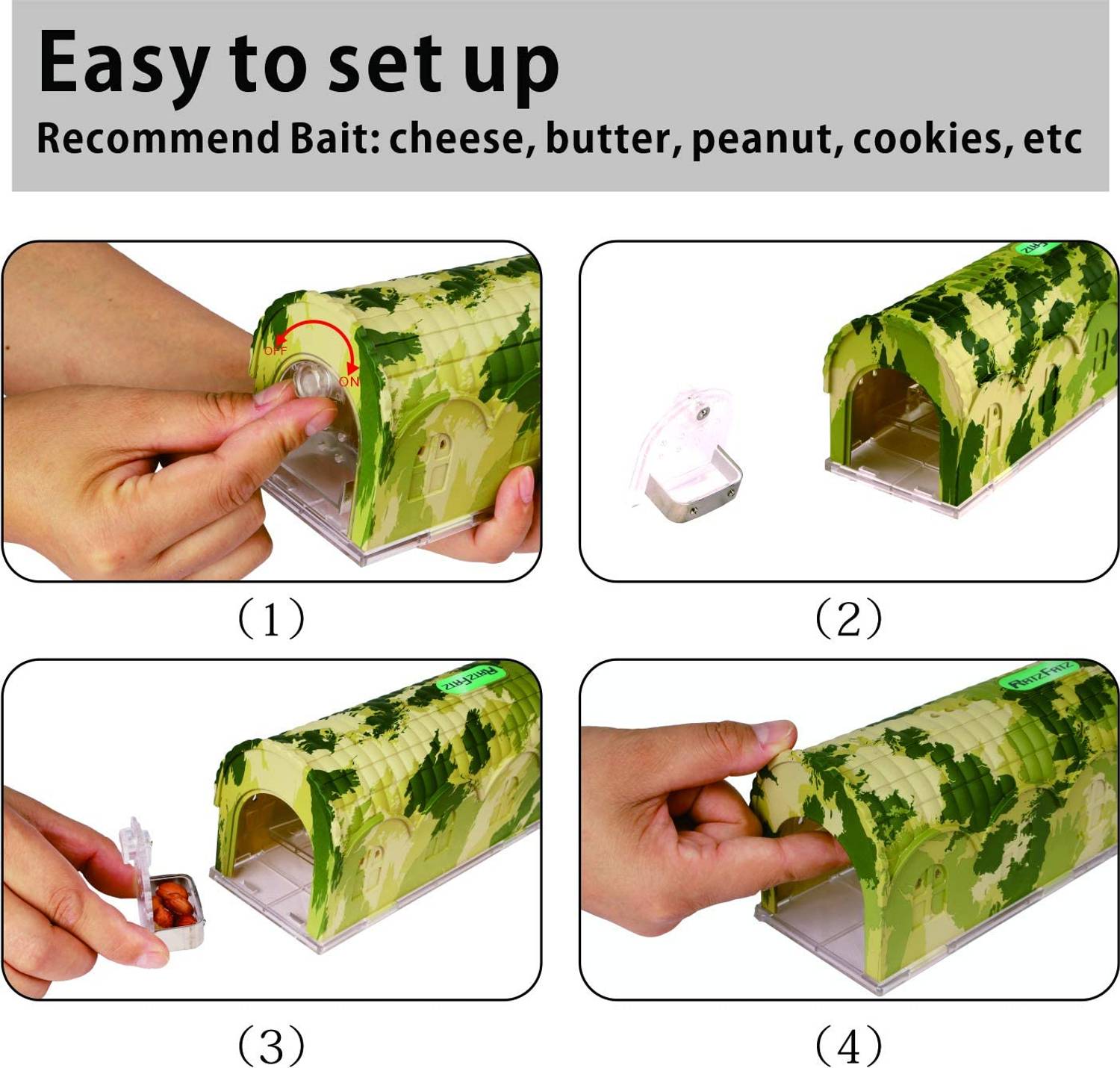 RatzFatz® Premium Mausefalle Lebend Lebendfalle Wiederverwendbar. Camouflage, Außen und Innen, Innovativer Mechanismus, Modell Rambo MBC-01