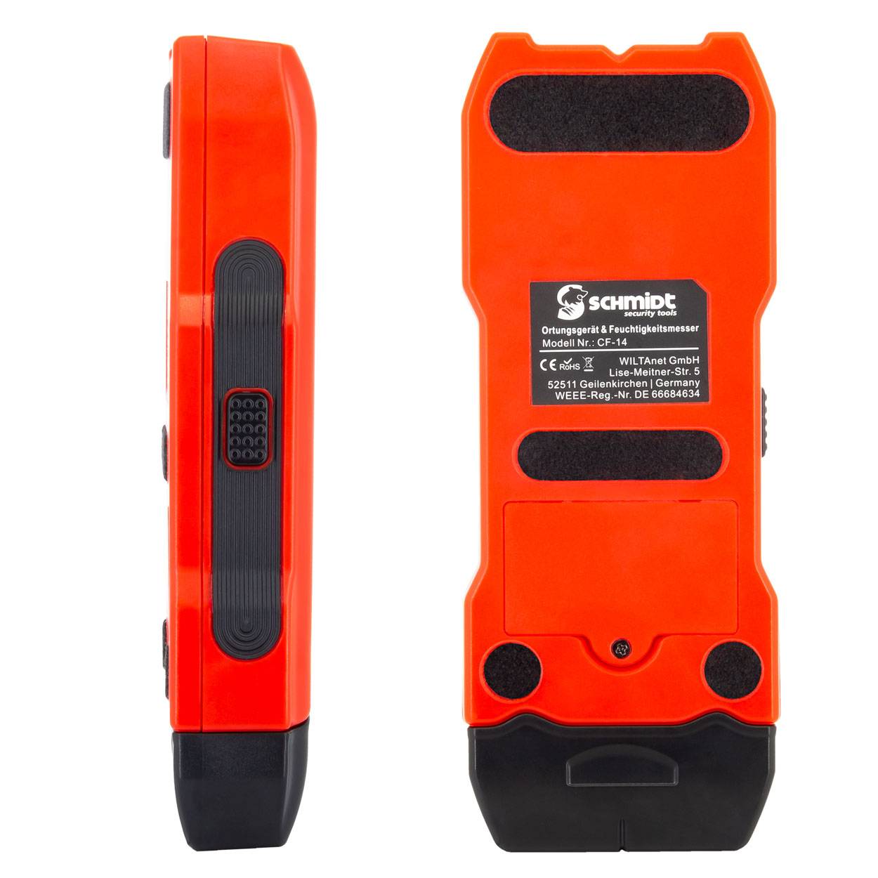 SCHMIDT security tools CF-14 Feuchtigkeitsmesser & Ortungsgerät – Multidetektor Leitungssucher Wandscanner für Stromleitungen, Metall & Holz – F