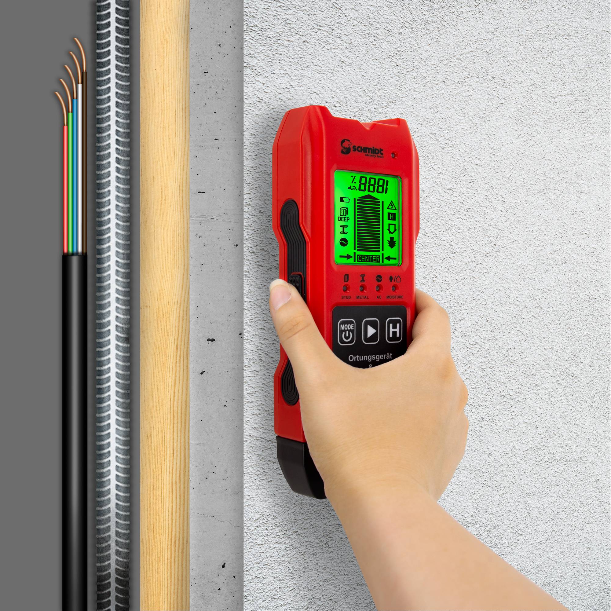 SCHMIDT security tools CF-14 Feuchtigkeitsmesser & Ortungsgerät – Multidetektor Leitungssucher Wandscanner für Stromleitungen, Metall & Holz – F