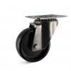 Ein Metall-Schwenklaufrad mit schwarzem Gummirad und einer oben angebrachten Montagesplatte, konstruiert für müheloses Bewegen von Möbeln oder Wagen.