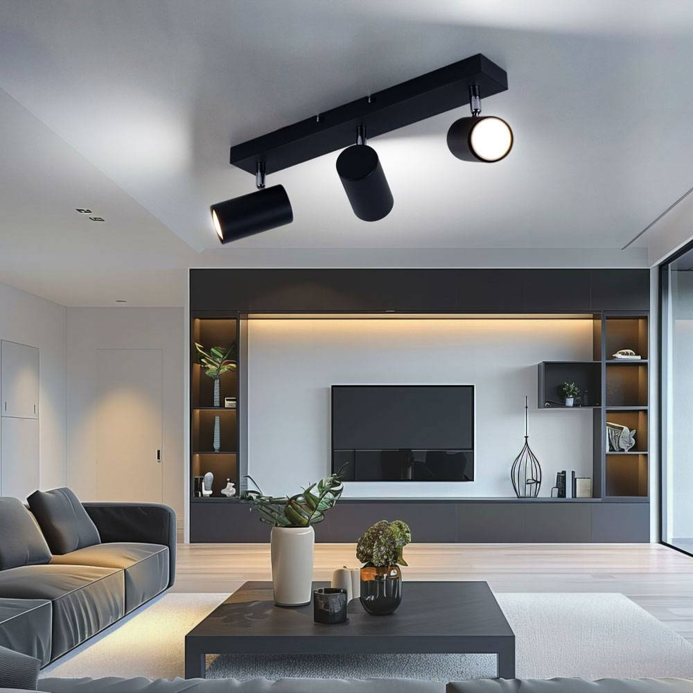 Deckenleuchte schwarz Deckenfluter 3 Flammig Leuchte Deckenlampe Küche, verchromt mit beweglichen Spots, Metall, 3xGU10, LxBxH 41x6x12 cm