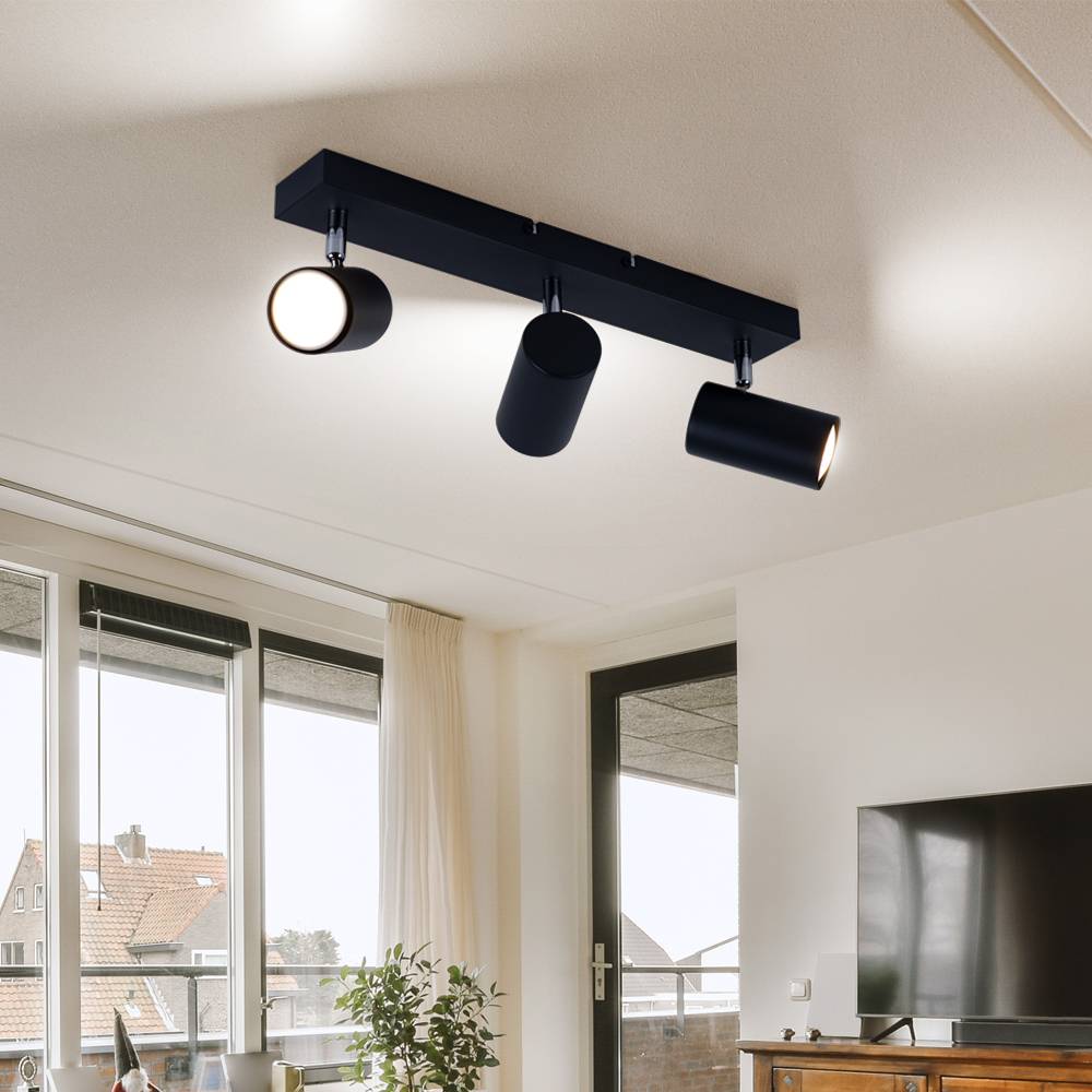 Deckenleuchte schwarz Deckenfluter 3 Flammig Leuchte Deckenlampe Küche, verchromt mit beweglichen Spots, Metall, 3xGU10, LxBxH 41x6x12 cm
