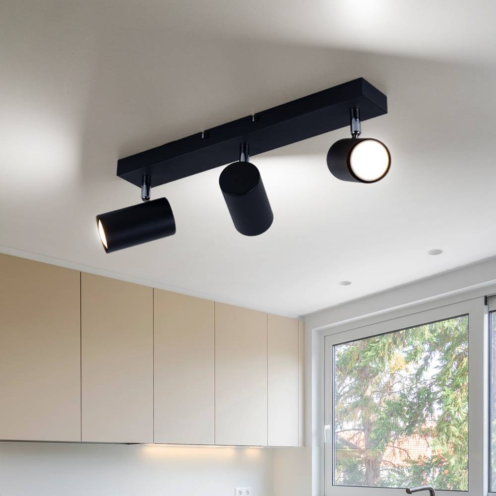 Deckenleuchte schwarz Deckenfluter 3 Flammig Leuchte Deckenlampe Küche, verchromt mit beweglichen Spots, Metall, 3xGU10, LxBxH 41x6x12 cm