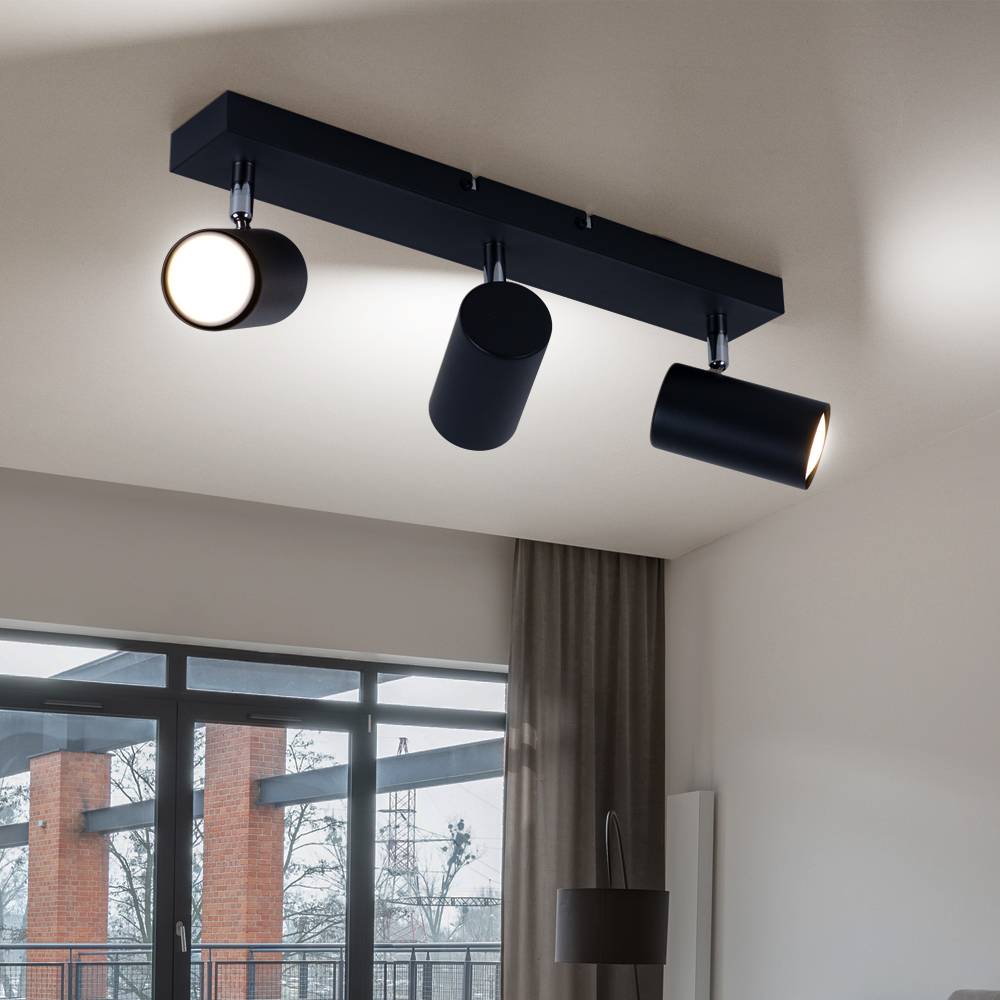 Deckenleuchte schwarz Deckenfluter 3 Flammig Leuchte Deckenlampe Küche, verchromt mit beweglichen Spots, Metall, 3xGU10, LxBxH 41x6x12 cm