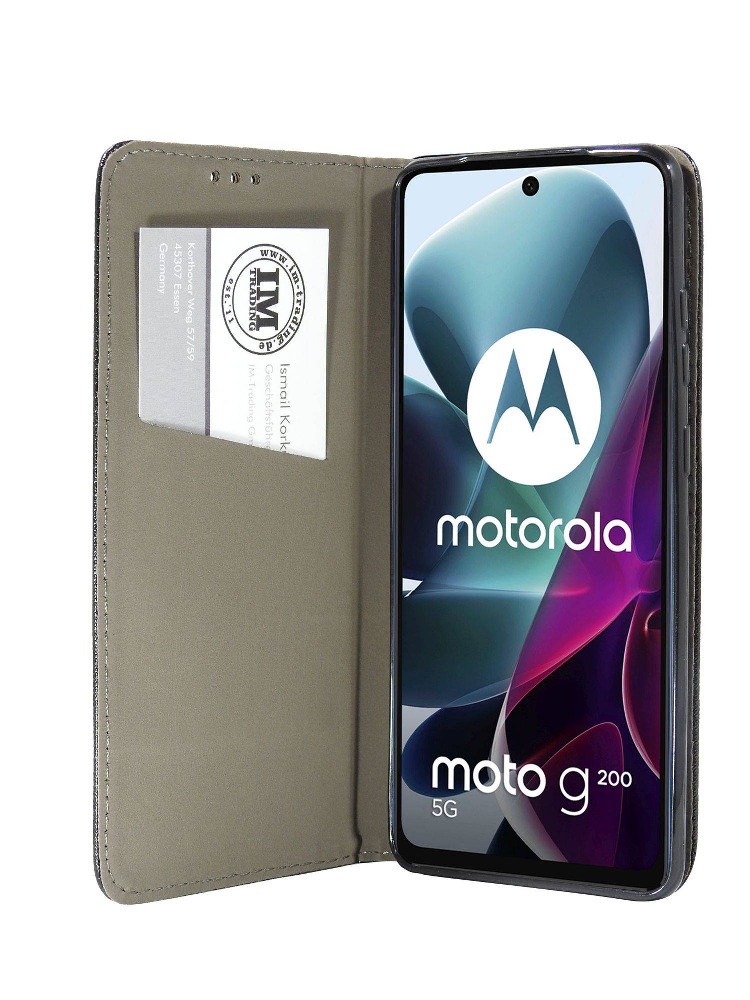 Buch-Tasche Hülle Smart Magnet kompatibel mit MOTOROLA MOTO G200 5G Leder Optik Wallet Book-Style Cover Schale Schwarz