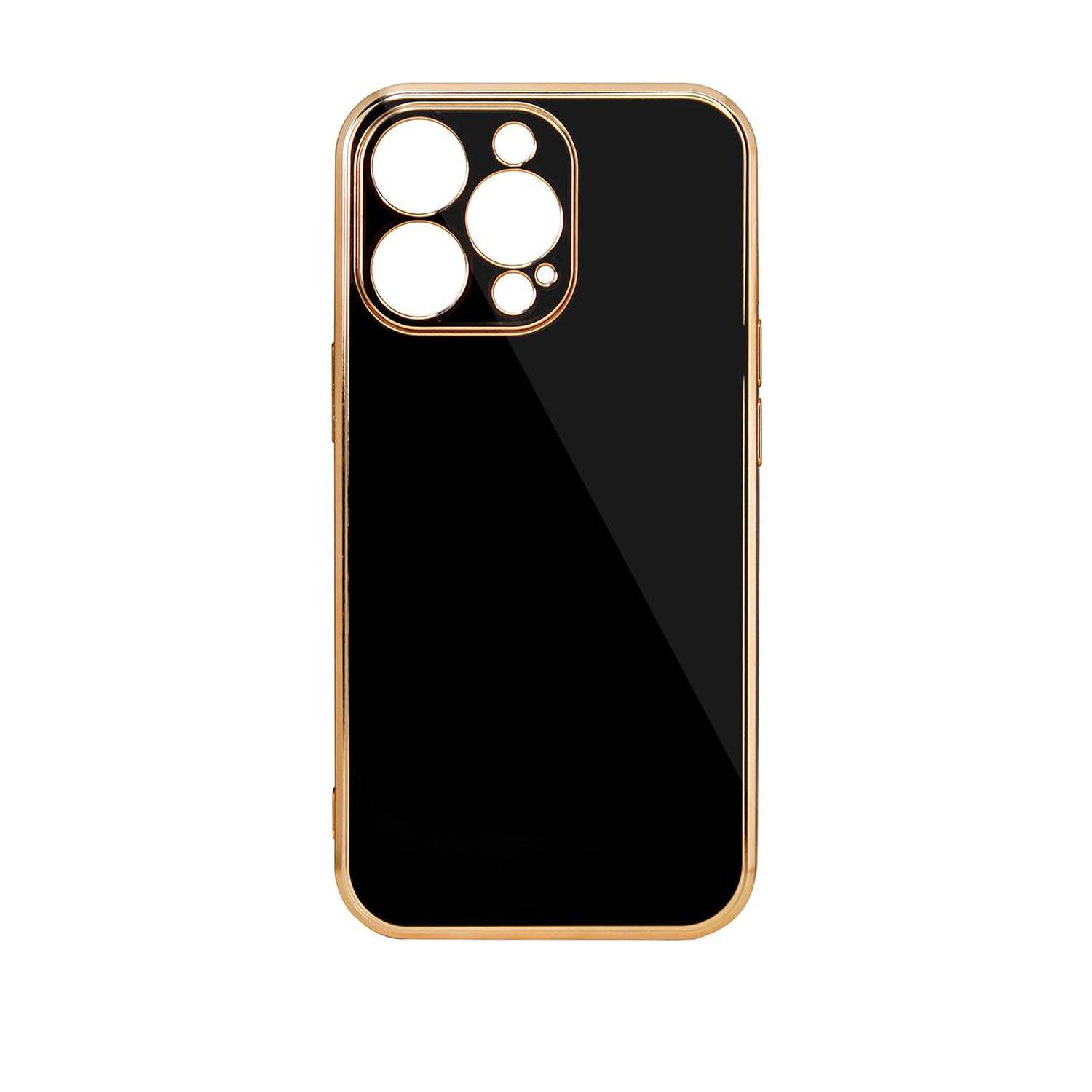 Lighting Color Case Schutz-Hülle mit Kameraabdeckung Schutz Rahmen kompatibel mit iPhone 13 Pro Max Schwarz-Gold