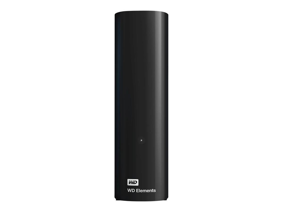 Externe WD Elements Festplatte in Schwarz, aufrecht auf weißem Hintergrund stehend, mit Logo in der Nähe des unteren Endes.