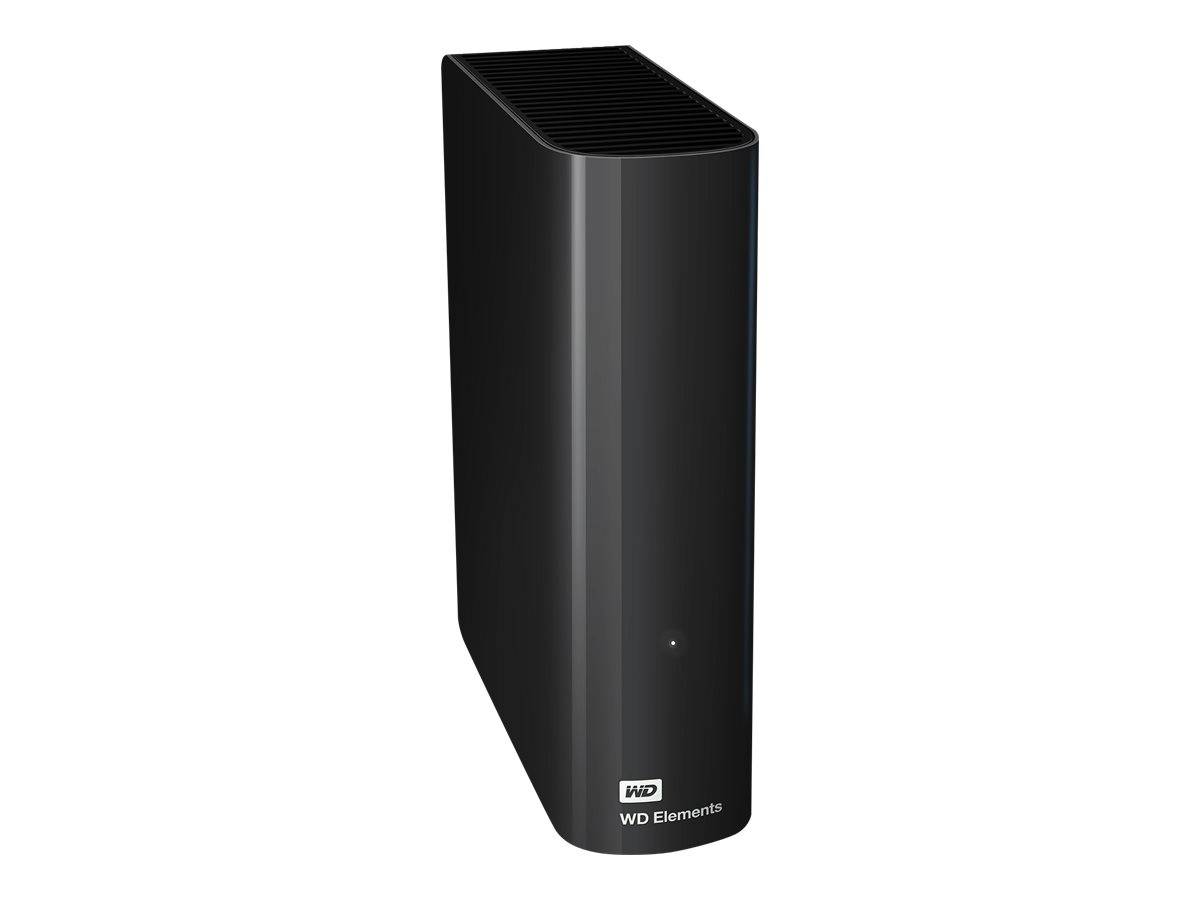 Schwarzes WD Elements externes Festplattengehäuse, aufrecht auf weißem Hintergrund stehend.