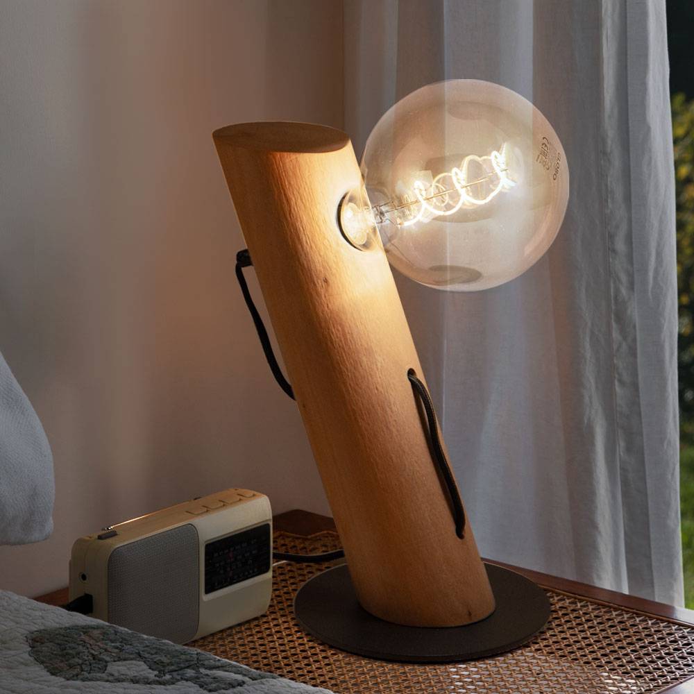 Tischlampe Wohnzimmer Holzleuchte Nachttischleuchten Nachttischlampe Landhaus, Kabelschalter, Metall Eukalyptus, 1x E27 Fassung, DxH 9x32 cm