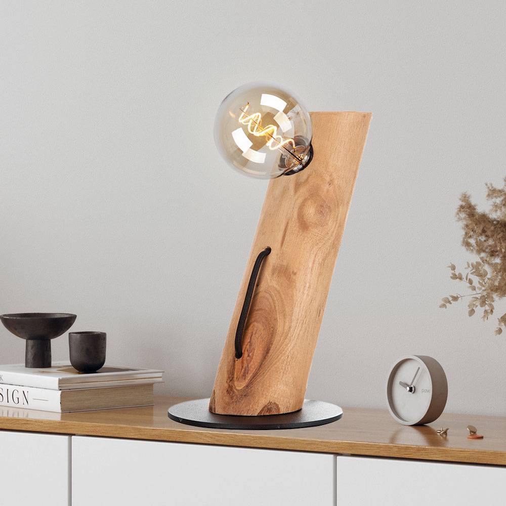 Tischlampe Wohnzimmer Holzleuchte Nachttischleuchten Nachttischlampe Landhaus, Kabelschalter, Metall Eukalyptus, 1x E27 Fassung, DxH 9x32 cm