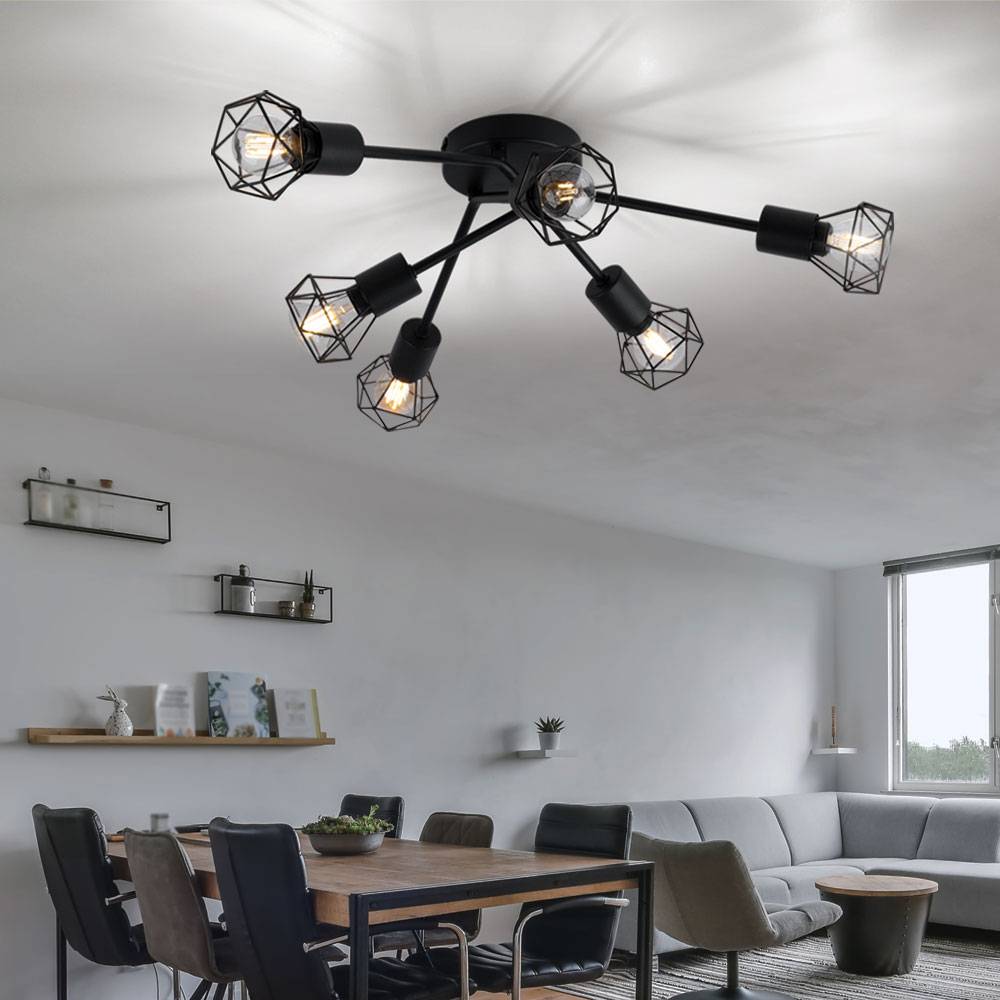 Deckenleuchte 6 Flammig schwarz Deckenlampe Käfig Modern Wohnzimmerleuchte Spots Gitter Schirm, Metall, 6x E14, DxH 63x18 cm