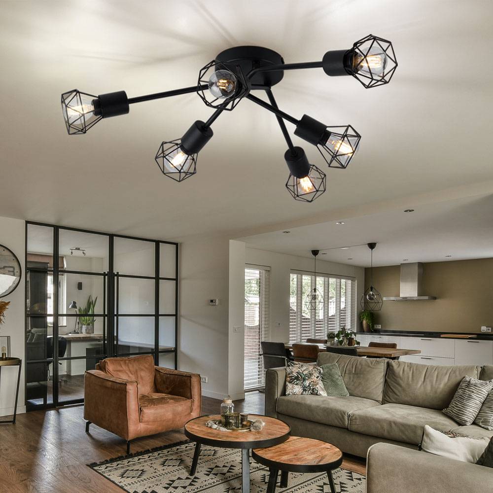 Deckenleuchte 6 Flammig schwarz Deckenlampe Käfig Modern Wohnzimmerleuchte Spots Gitter Schirm, Metall, 6x E14, DxH 63x18 cm
