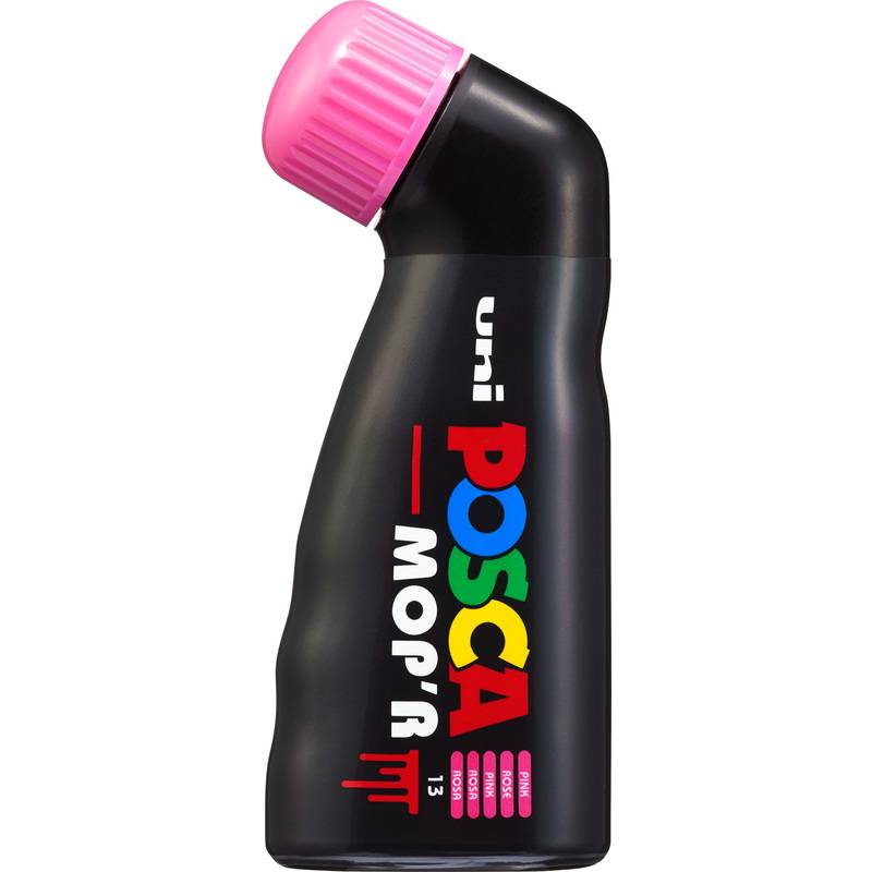 Schwarze POSCA Mop'R Flasche mit einem rosa Deckel, auf der Vorderseite ist bunter Text zu sehen. Es handelt sich um einen Graffiti-Farbmarker.