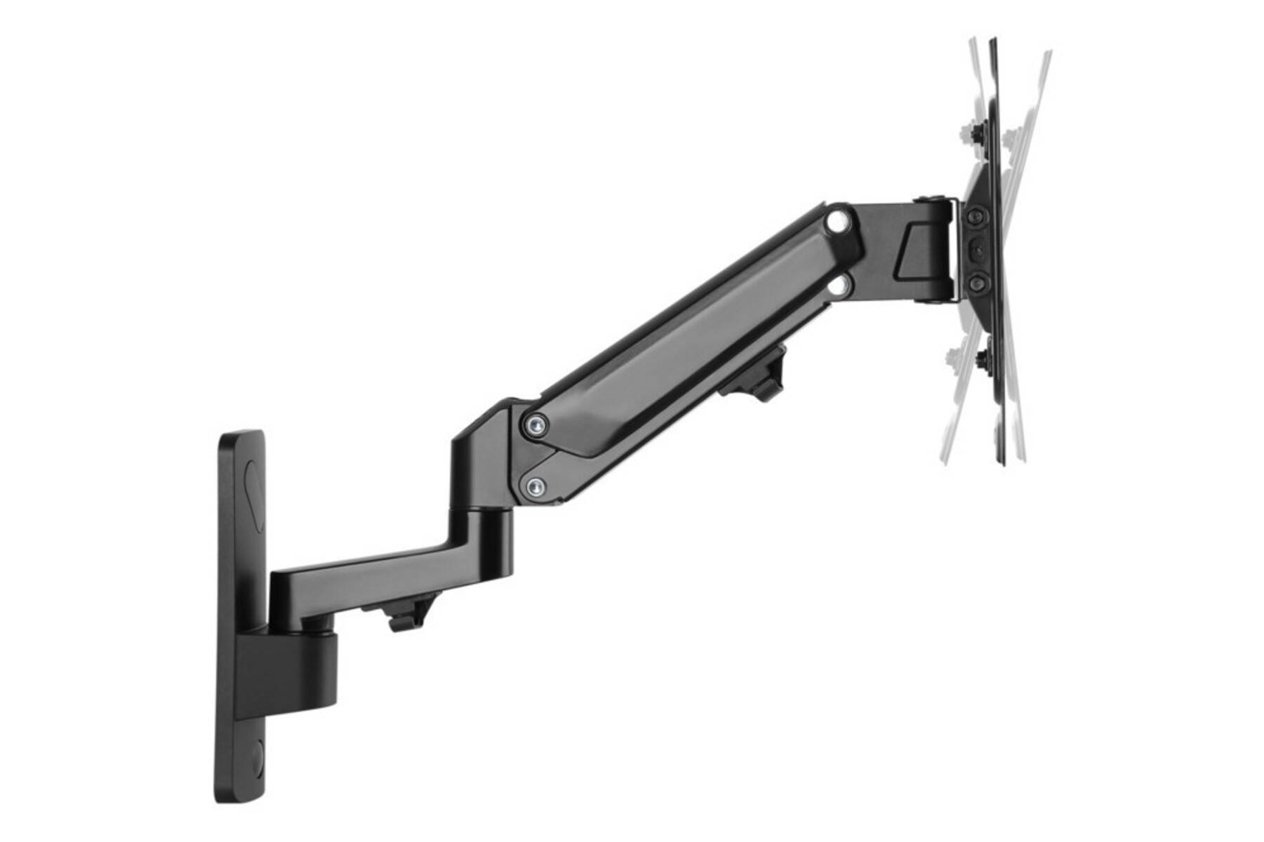 Ein schwarzer, verstellbarer Monitorarm, an einer Wand montiert, nach außen ausgefahren mit einer gelenkigen Konstruktion für flexible Positionierung.
