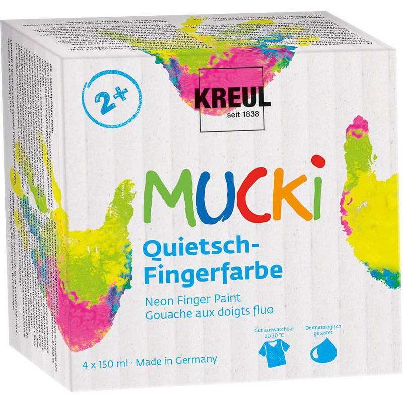 Schachtel mit 'MUCKI Quietsch-Fingerfarbe' mit bunten Farbspritzern. Enthält Fingerfarben geeignet für Kinder ab 2 Jahren, hergestellt in Deutschland.