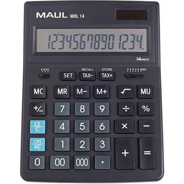 Schwarzer MAUL MXL 14 Tischrechner mit großem Display und Tasten für Steuern, Speicher und Grundrechenarten.