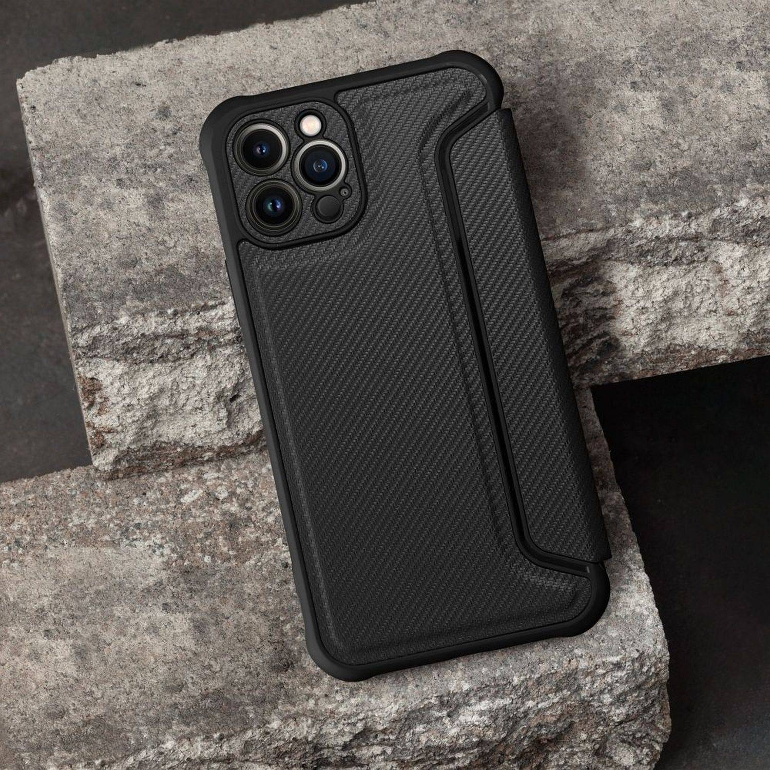Handy Tasche "Razor" Buchtasche Hülle Magnet Carbon-Cover Kameraschutz kompatibel mit Samsung Galaxy A13 4G Schwarz