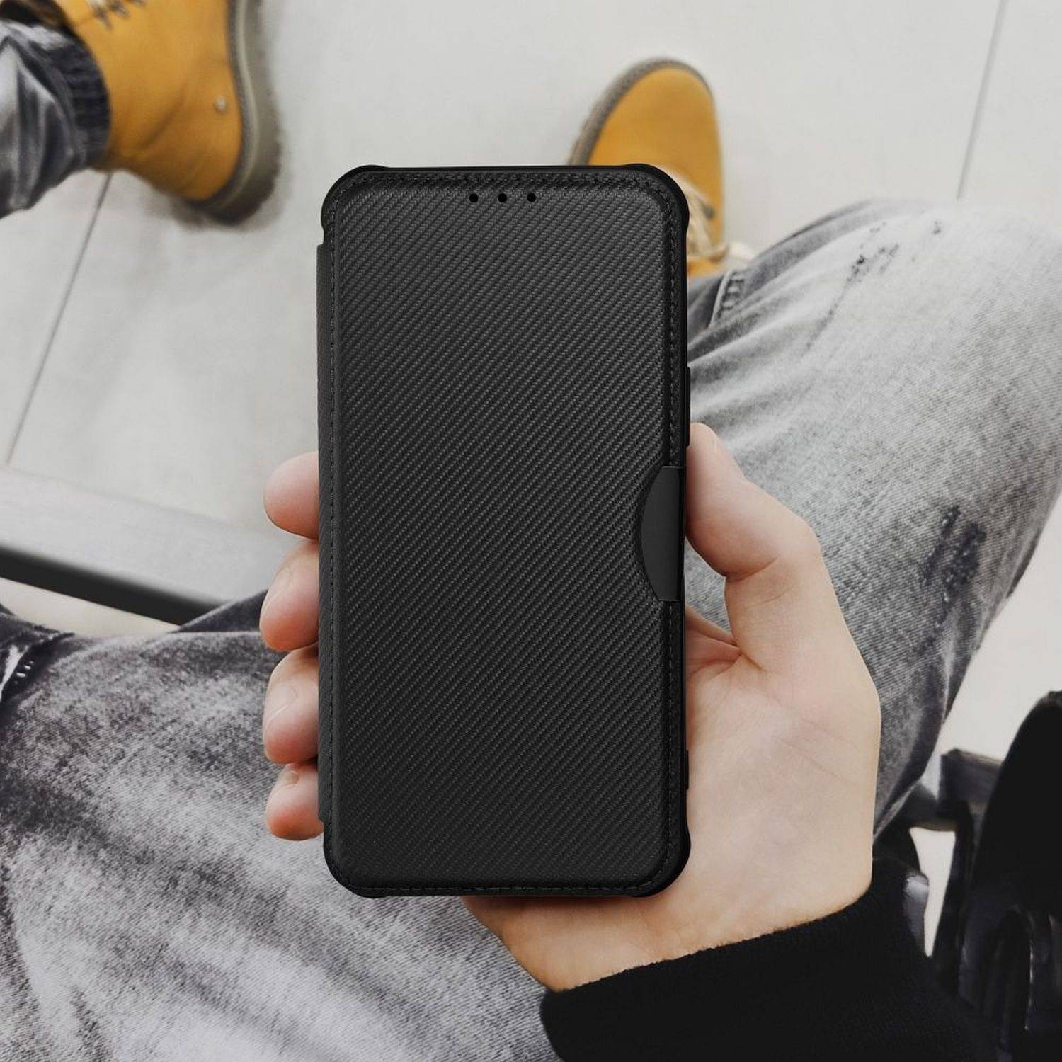 Handy Tasche "Razor" Buchtasche Hülle Magnet Carbon-Cover Kameraschutz kompatibel mit Xiaomi Redmi Note 11s Schwarz